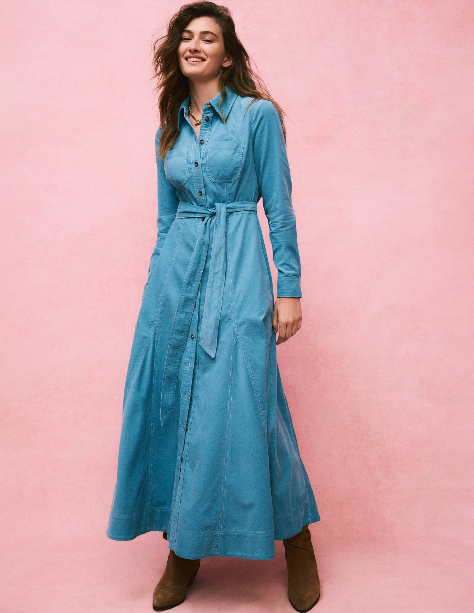 Robe-chemise midi Tess en velours côtelé-Bleu azur - Image 1
