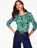 Pull Eva col rond en cachemire-Vert pin, motif Decorative Flora