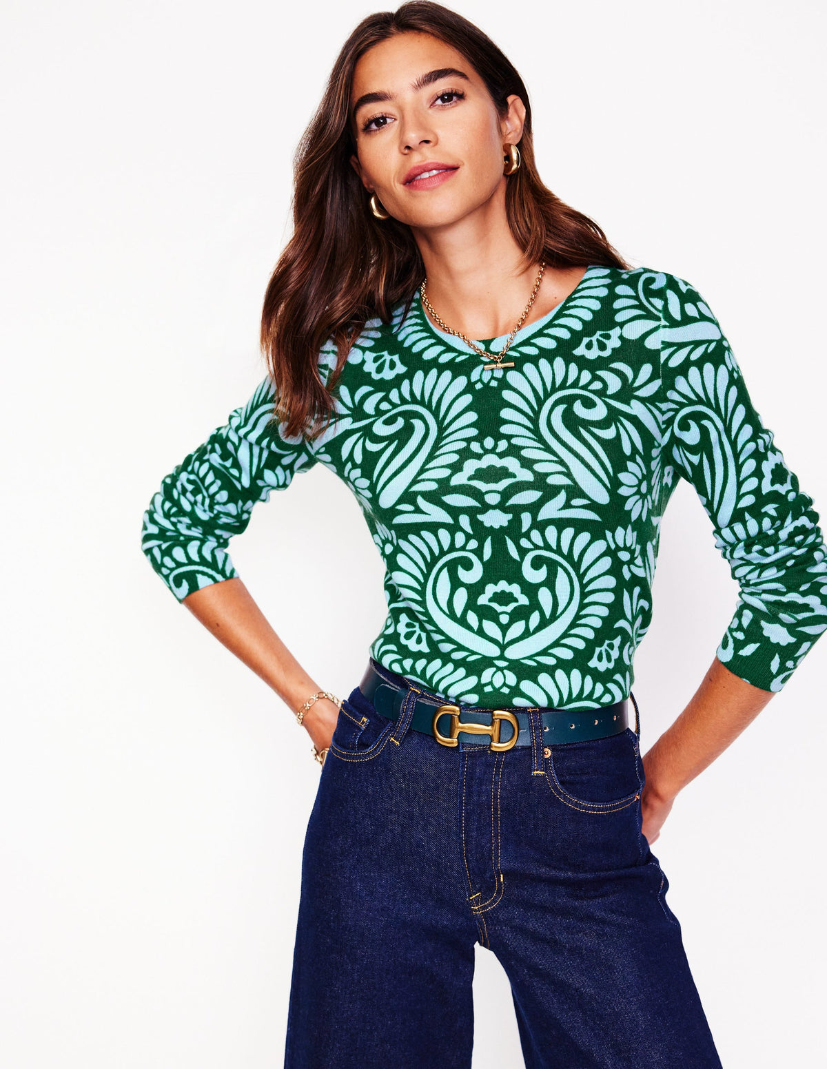 Pull Eva col rond en cachemire-Vert pin, motif Decorative Flora-1
