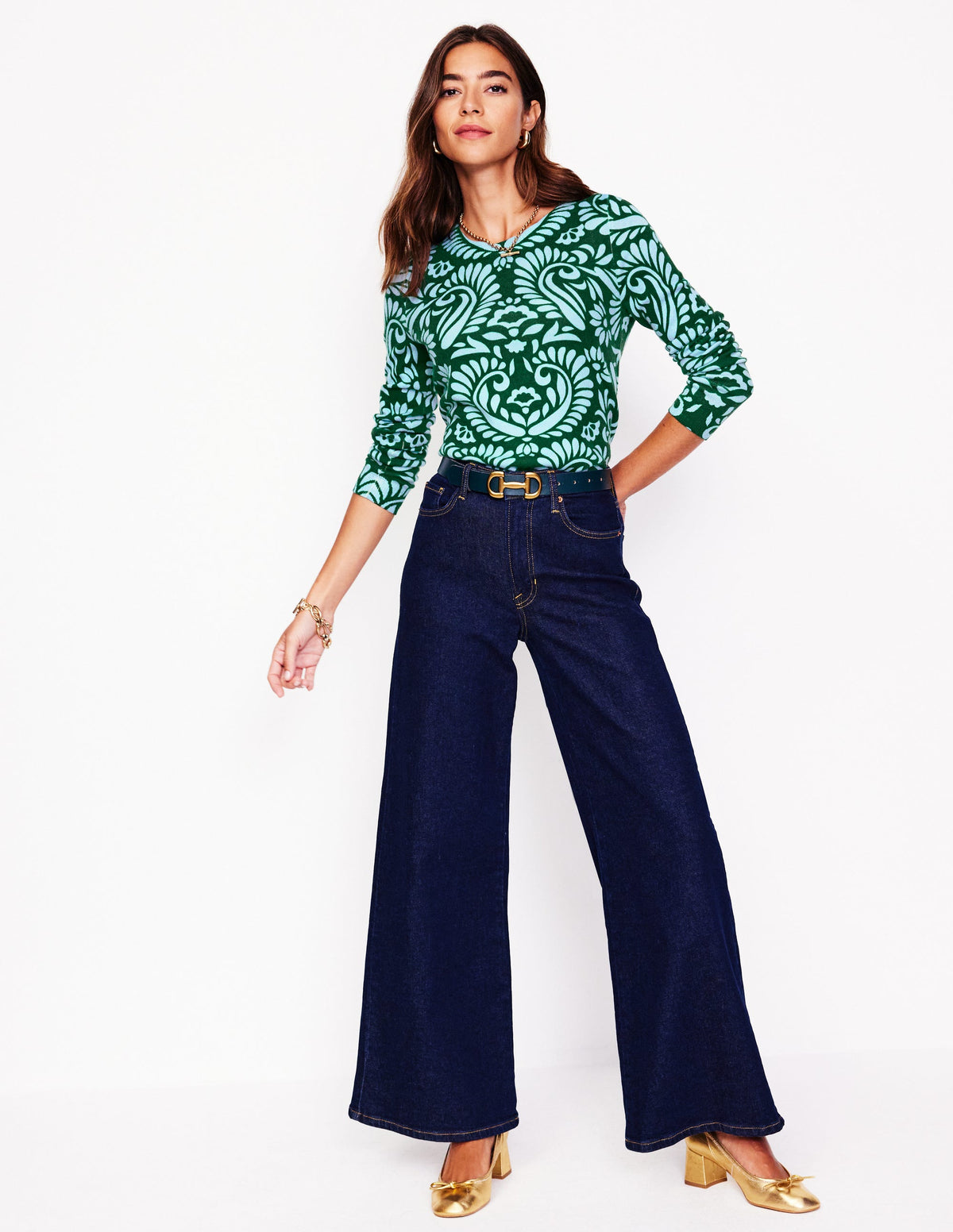 Pull Eva col rond en cachemire-Vert pin, motif Decorative Flora-4
