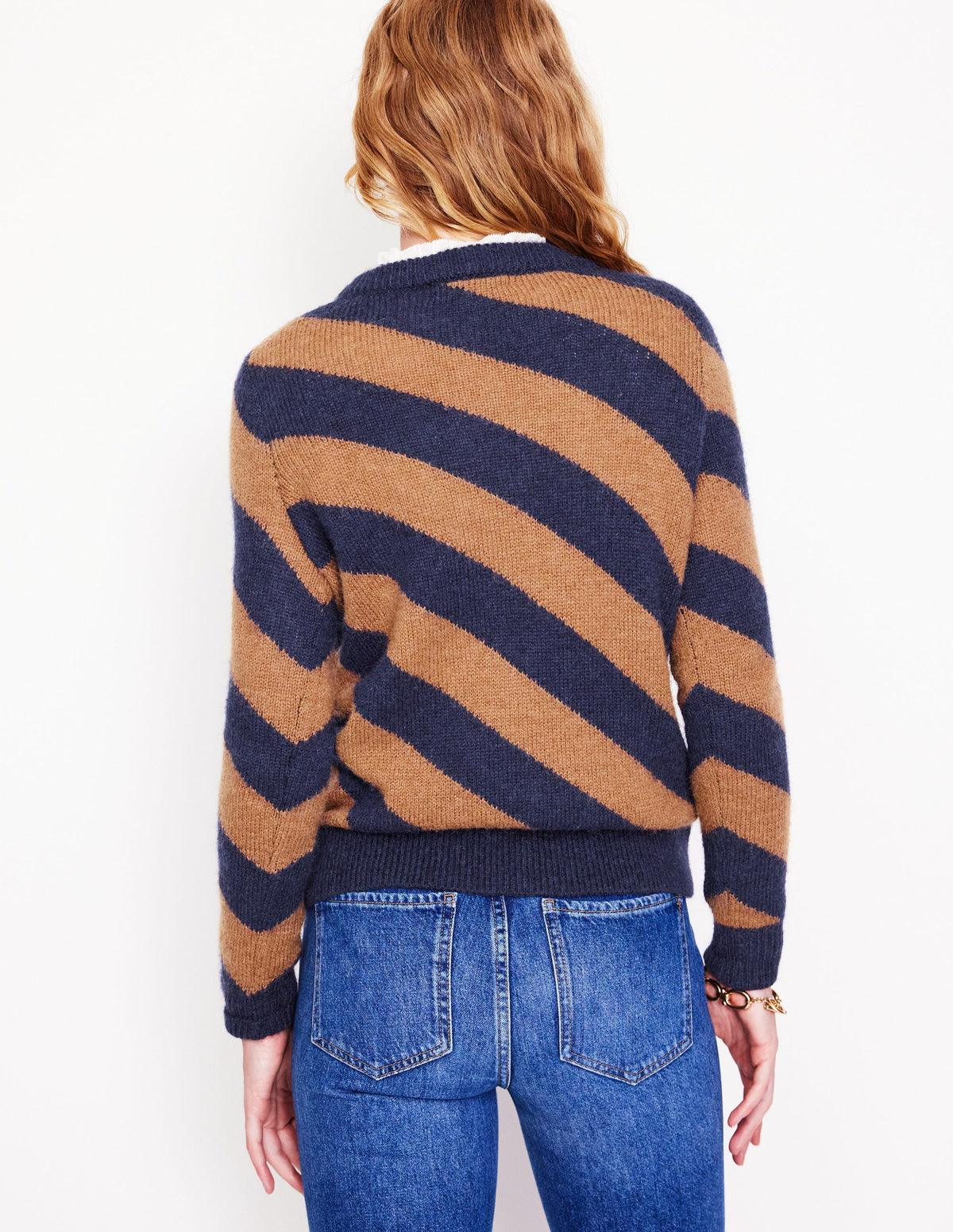 Pull duveteux à rayures diagonales-Camel/bleu marine - Image 3