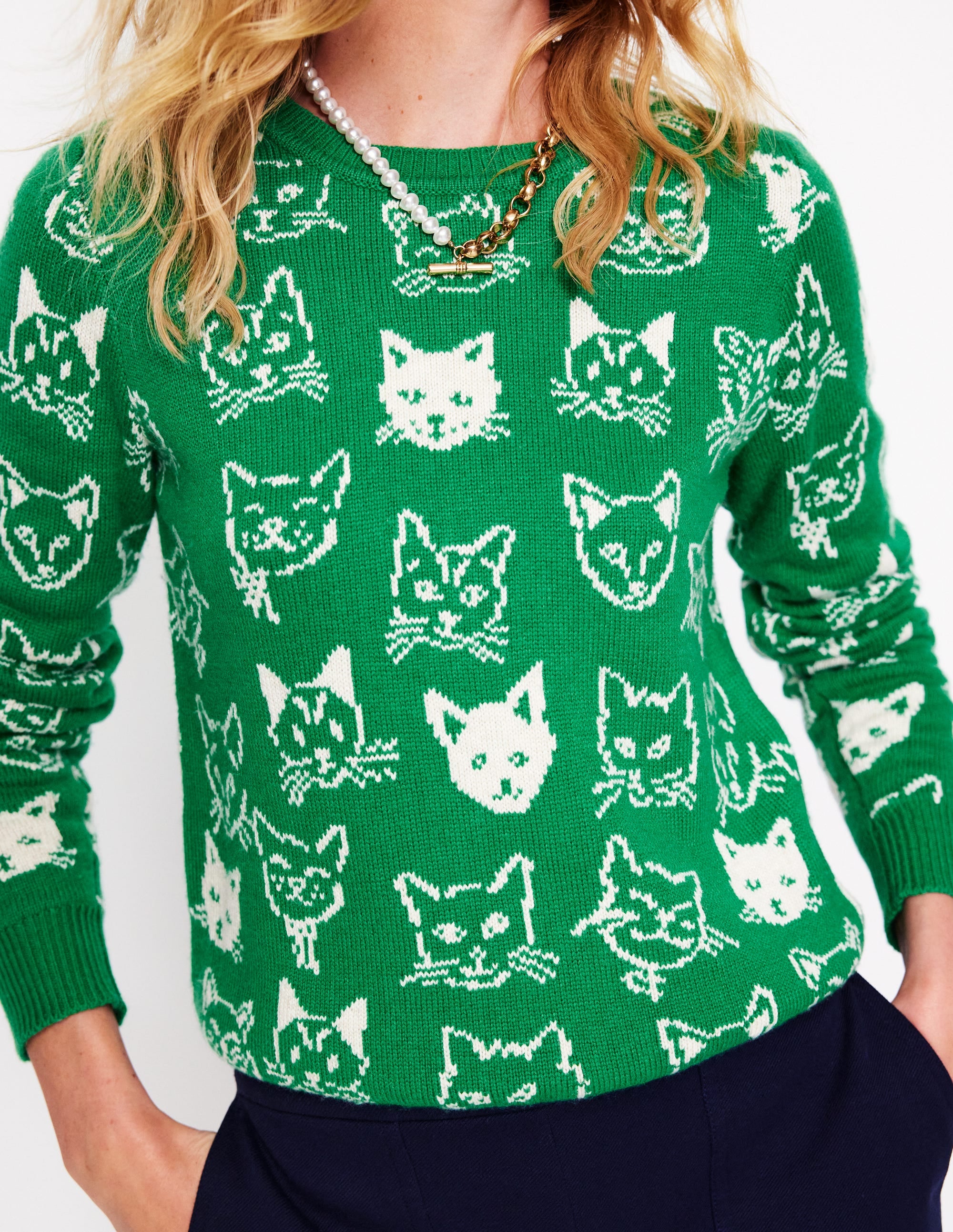 Pull Heather en jacquard-Vert émeraude profond, chats - Image 2