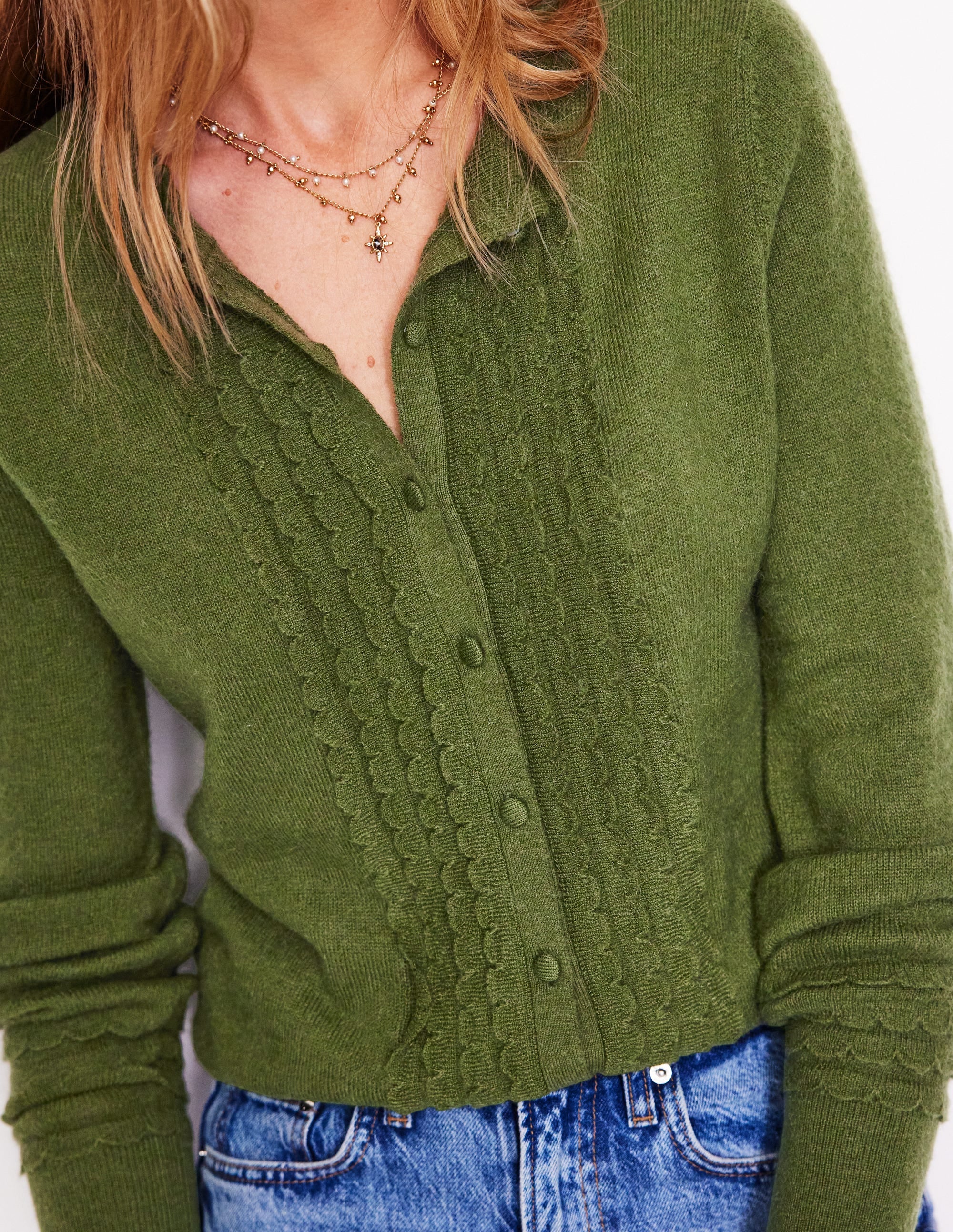 Strickjacke mit Muschelsaum an den Ärmeln-Oreganogrün - Image 2