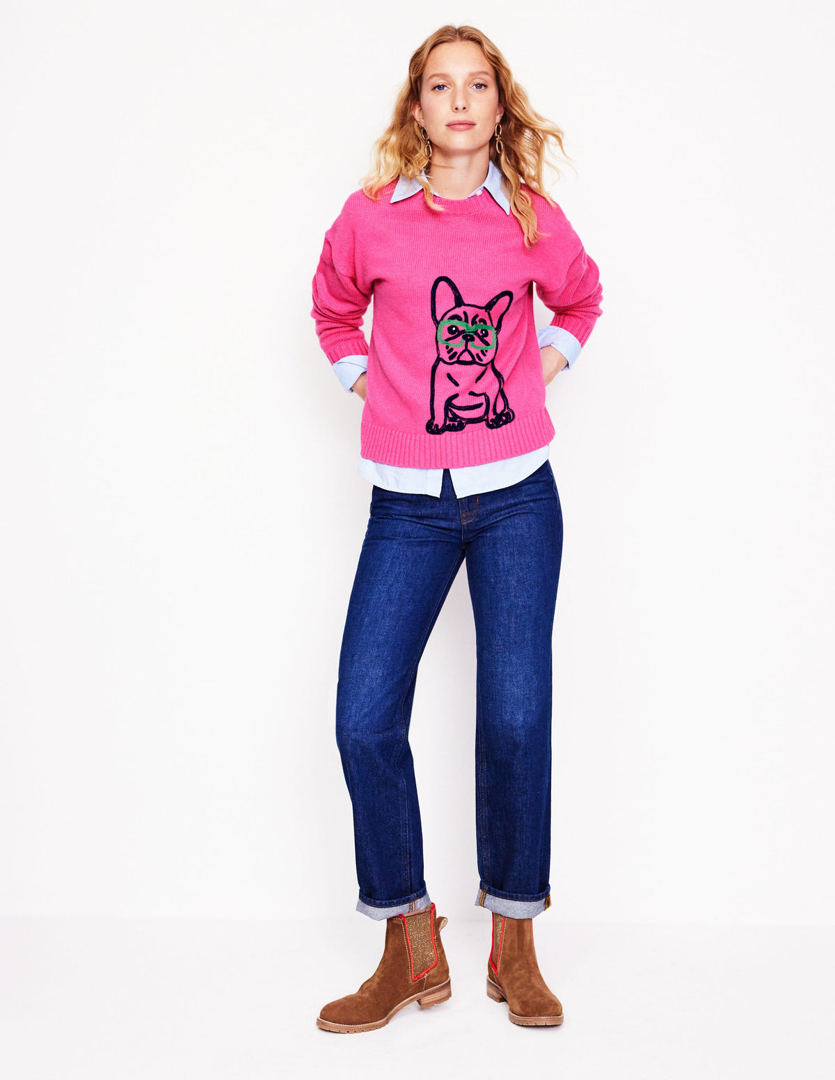 Natalie Pullover mit Stickerei-Festliches Rosa, Bulldogge-4