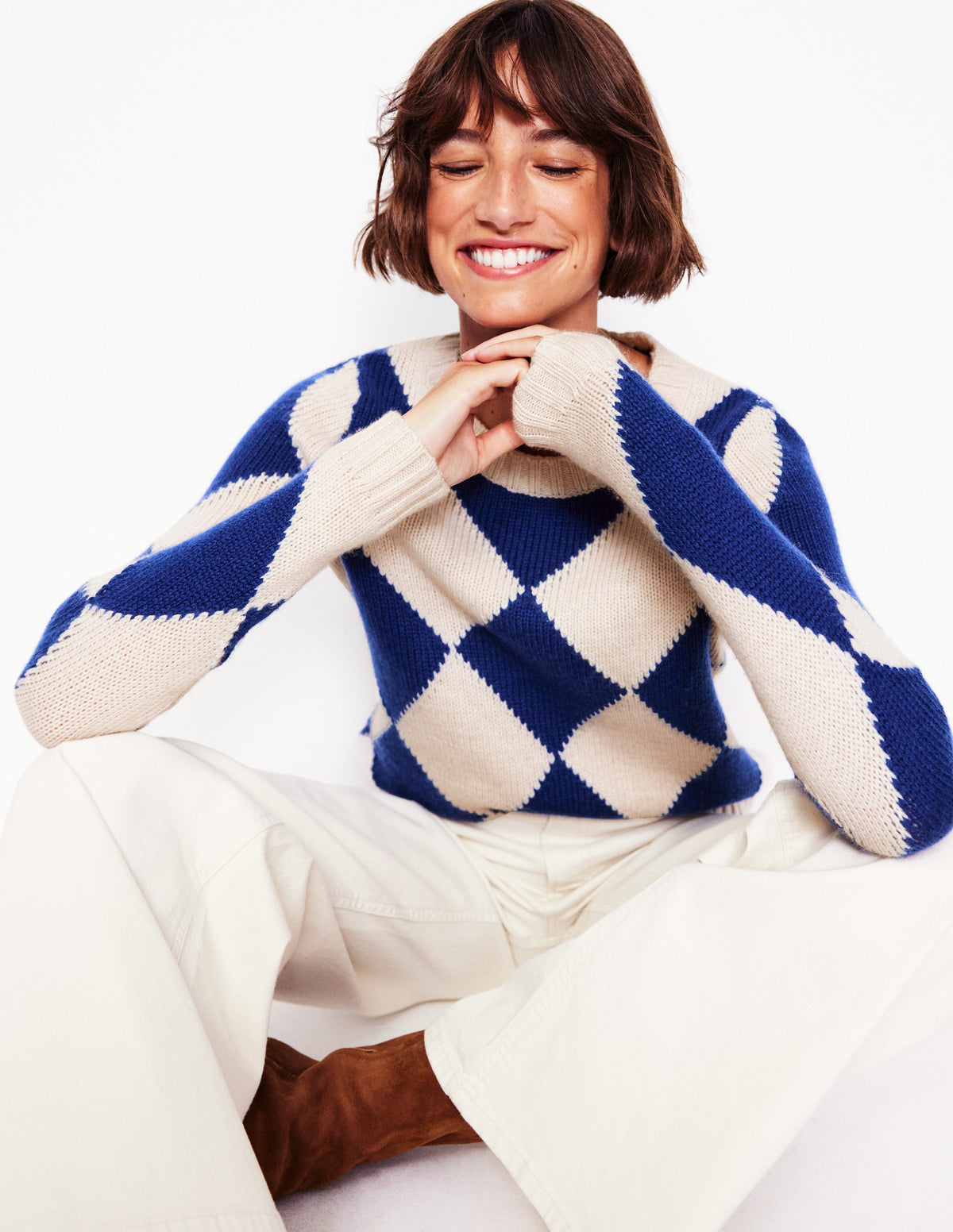 Argyle-Pullover mit Rundhalsausschnitt-Beige Meliert, Leuchtendes Blau - Image 1