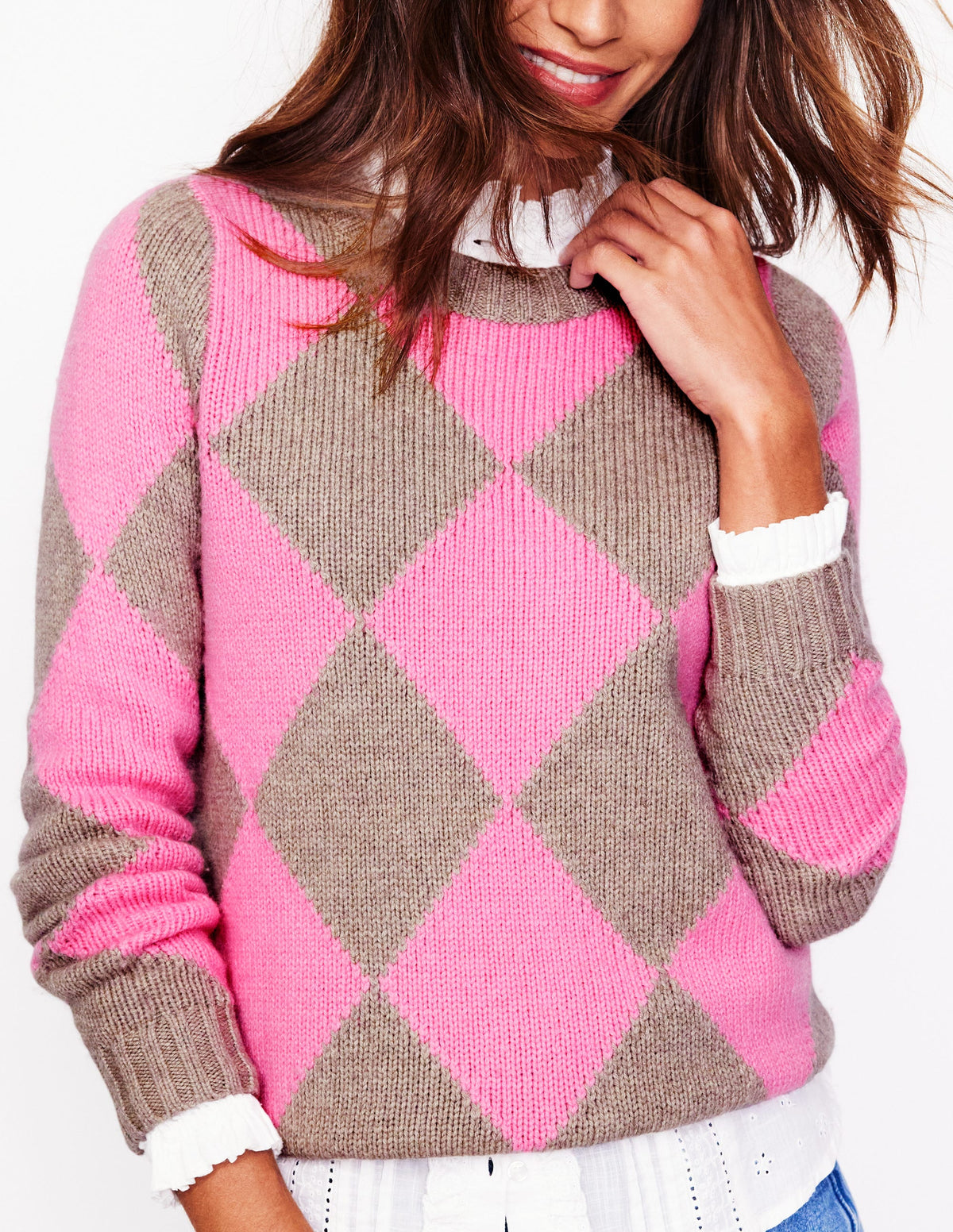 Pull col rond à motif argyle-Vison chiné, rose-2