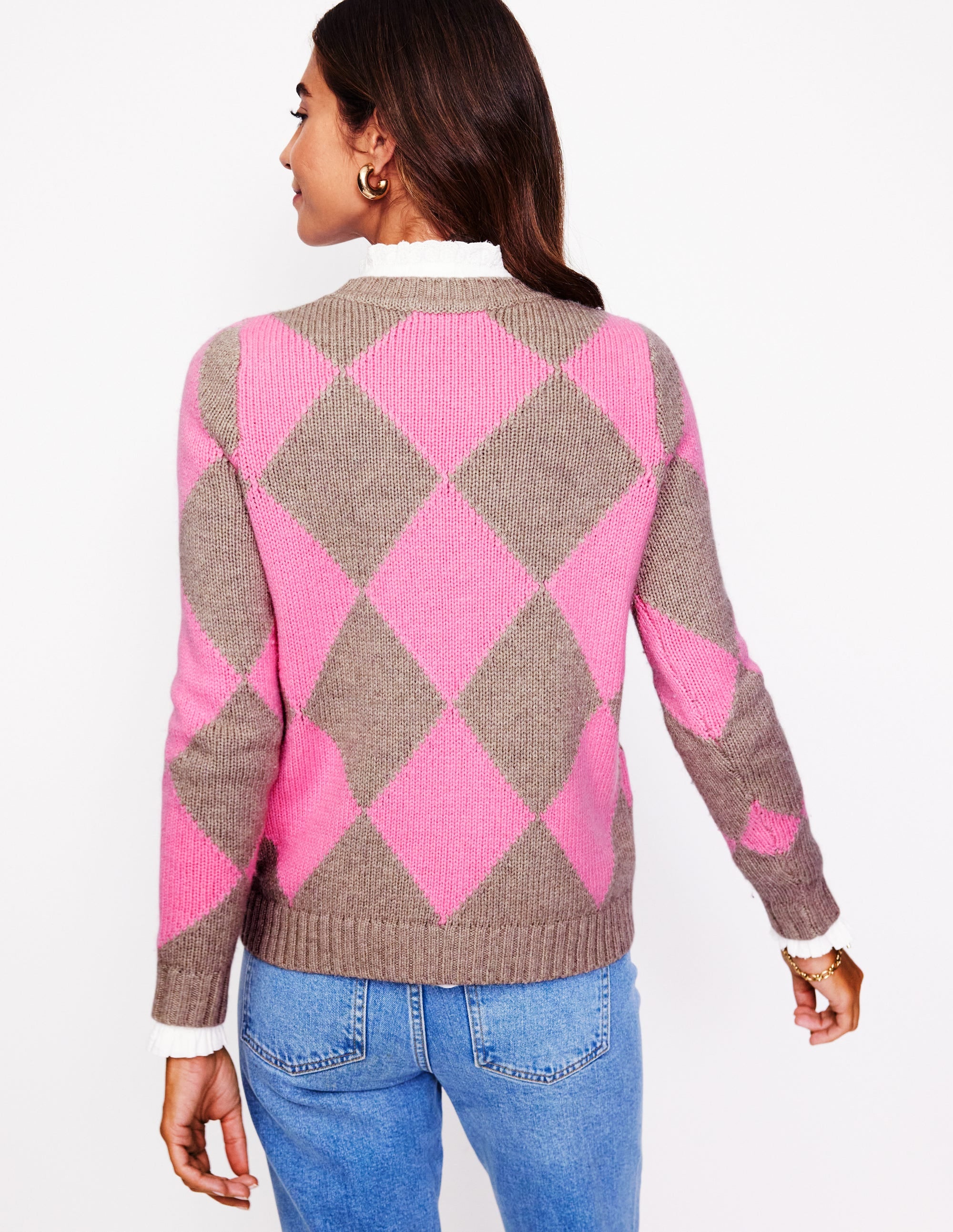 Pull col rond à motif argyle-Vison chiné, rose - Image 3
