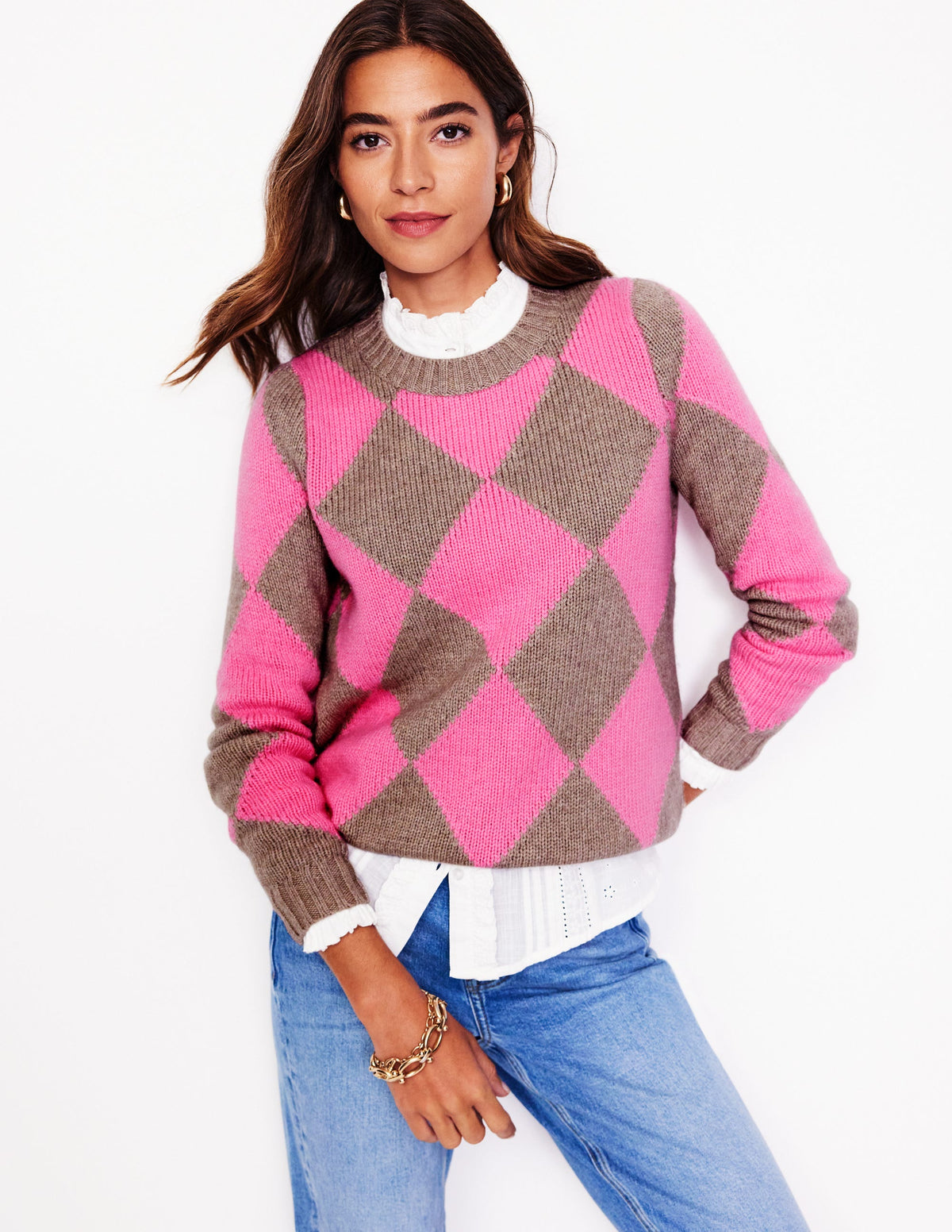 Pull col rond à motif argyle-Vison chiné, rose - Image 4