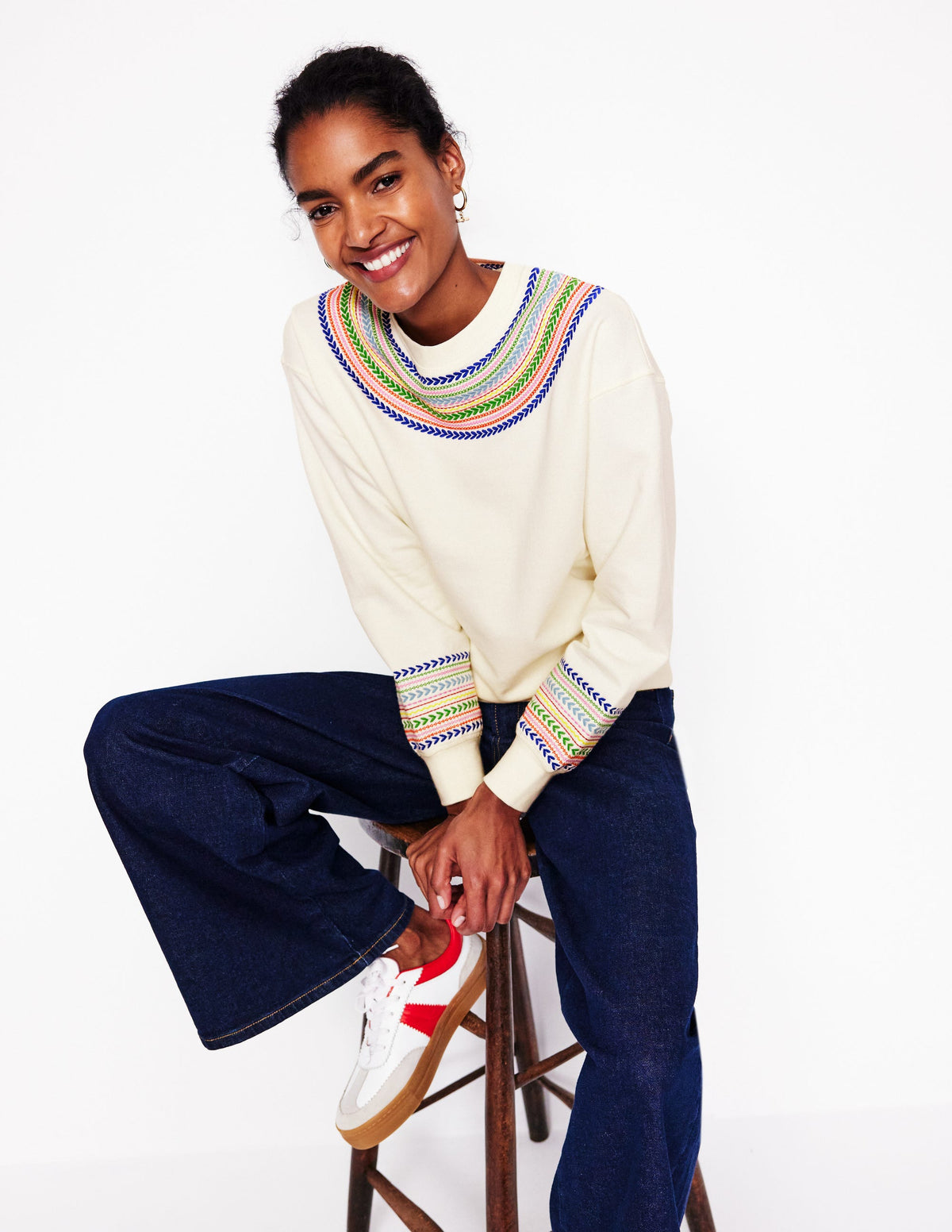 Emi Embroidered Sweatshirt-Ivory, Multi Fairisle - Image 4
