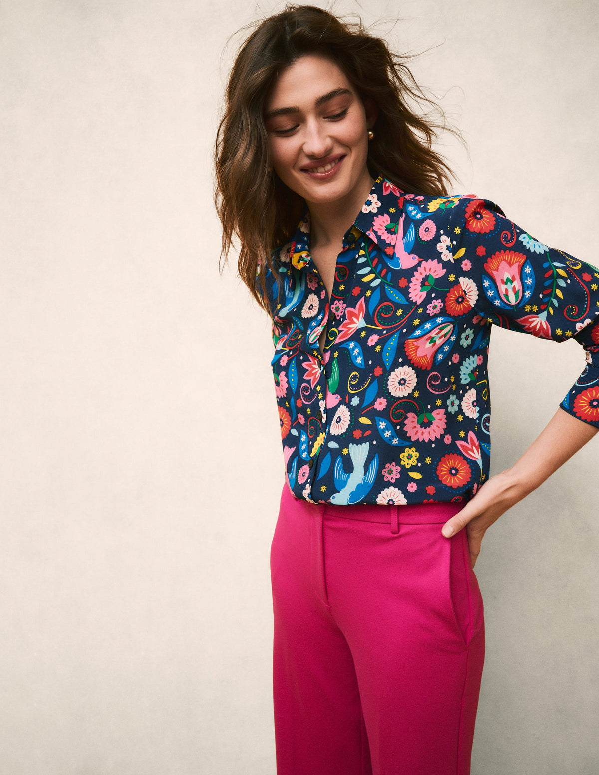 Sienna Silk Shirt-French Navy, Decorative Garden - Image 2