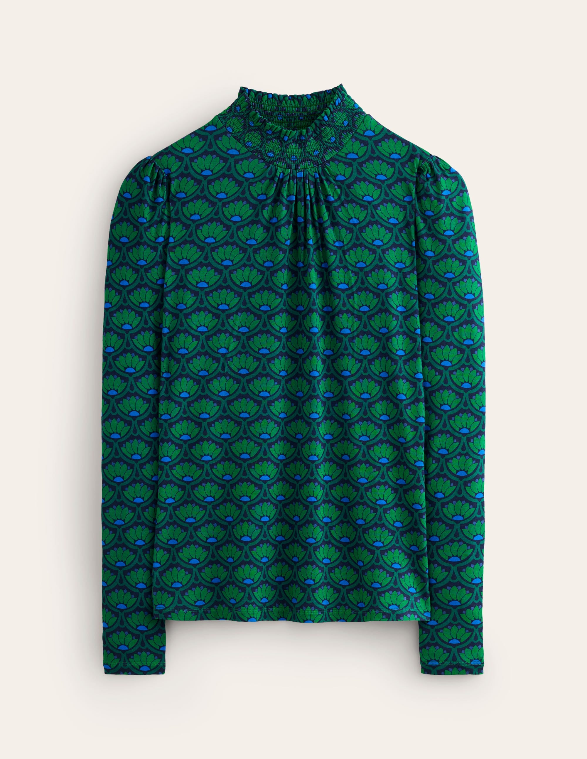 Top imprimé à col smocké-Émeraude profond, motif Lotus Stamp - Image 5