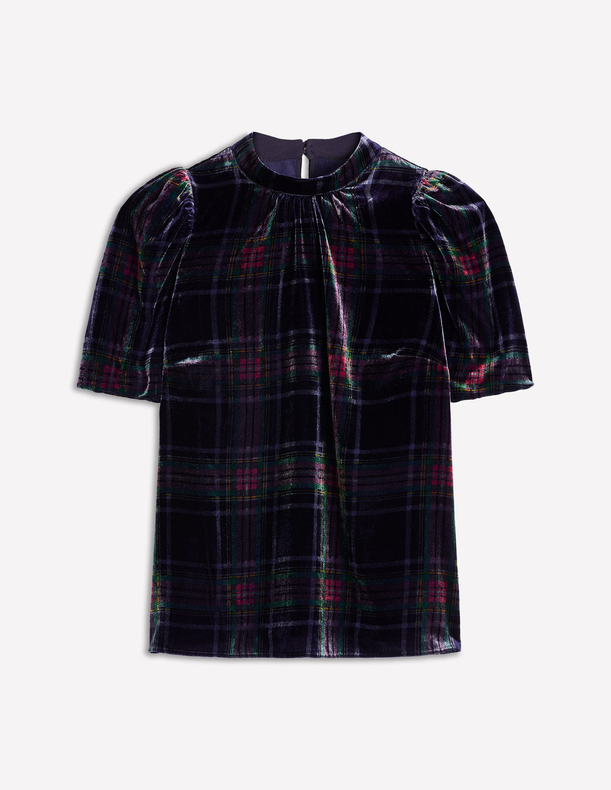 Puff Sleeve Velvet Top-Navy and Red Check - Image 6
