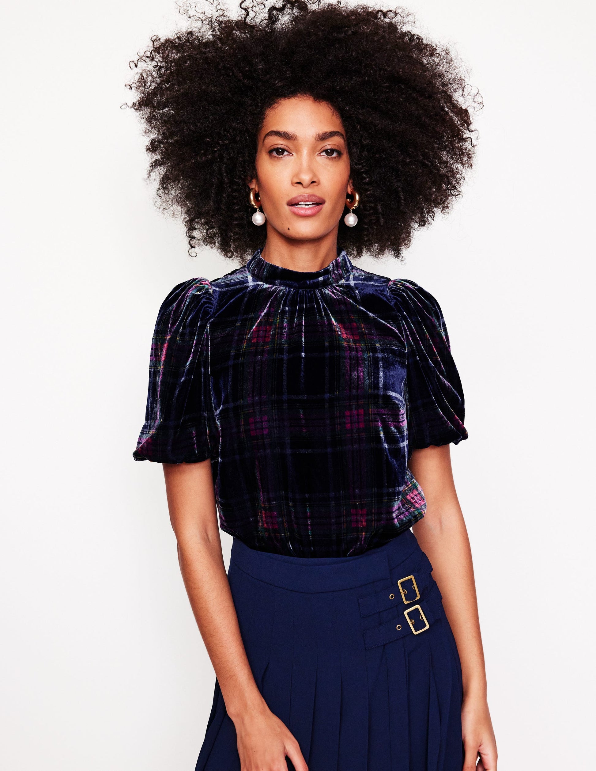 Puff Sleeve Velvet Top-Navy and Red Check-1