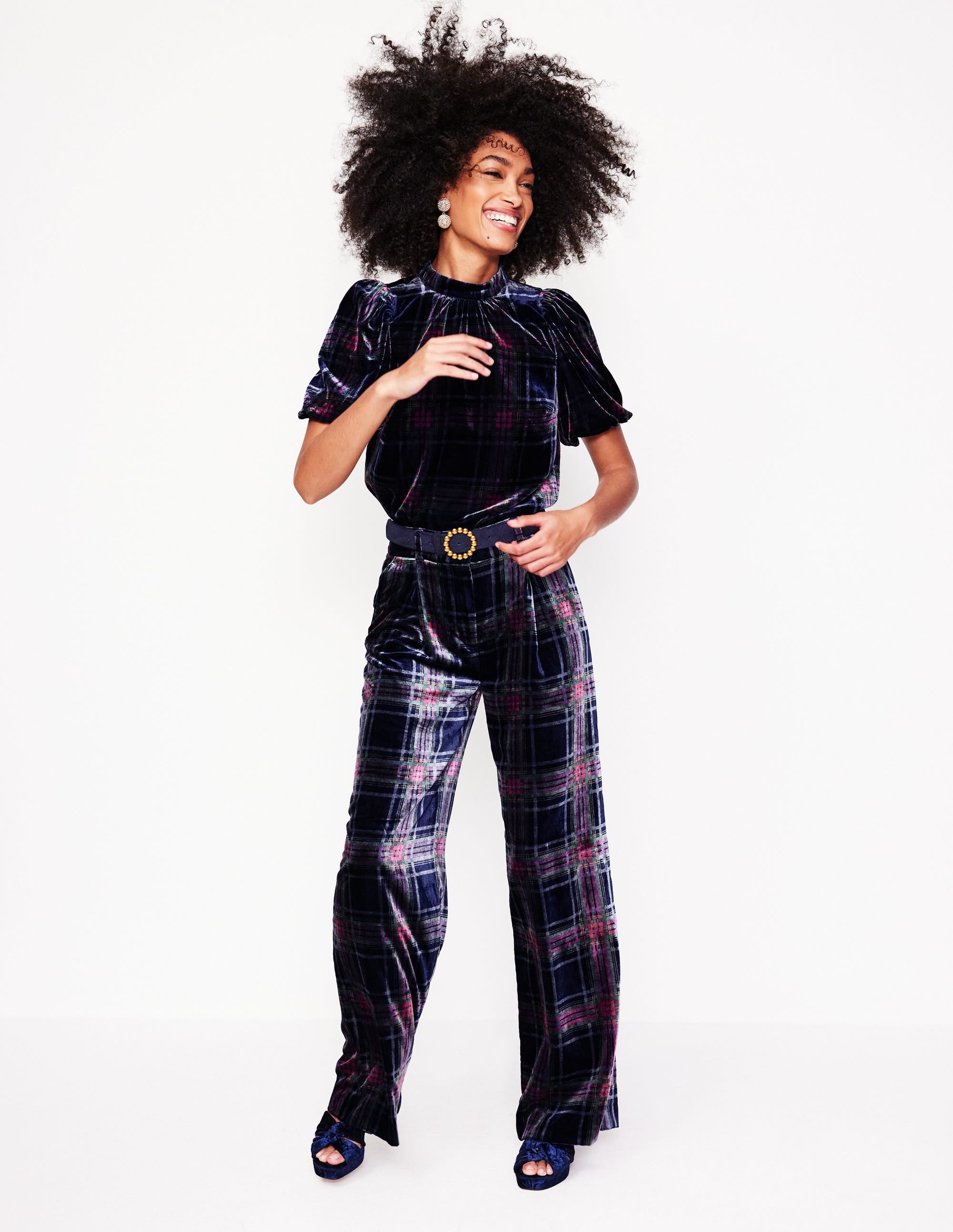 Puff Sleeve Velvet Top-Navy and Red Check - Image 5