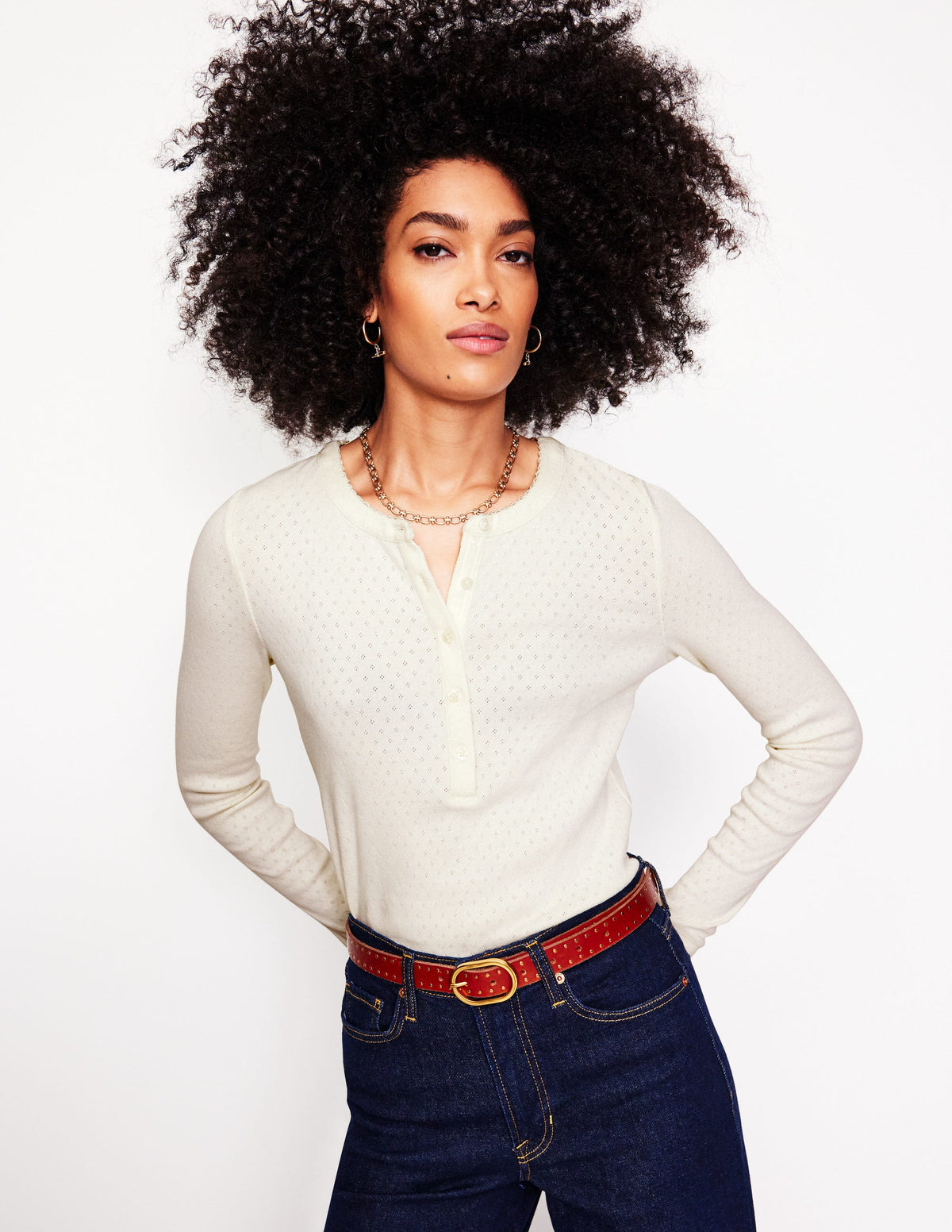 Henley Pointelle-Oberteil-Ivory and Navy Spot-1