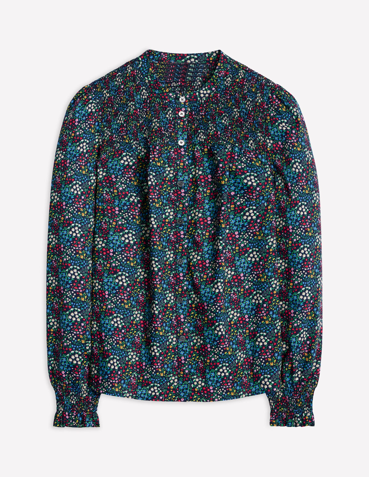Blouse en coton avec empiècement à smocks-Marine Français, Boutons éparpillés - Image 6
