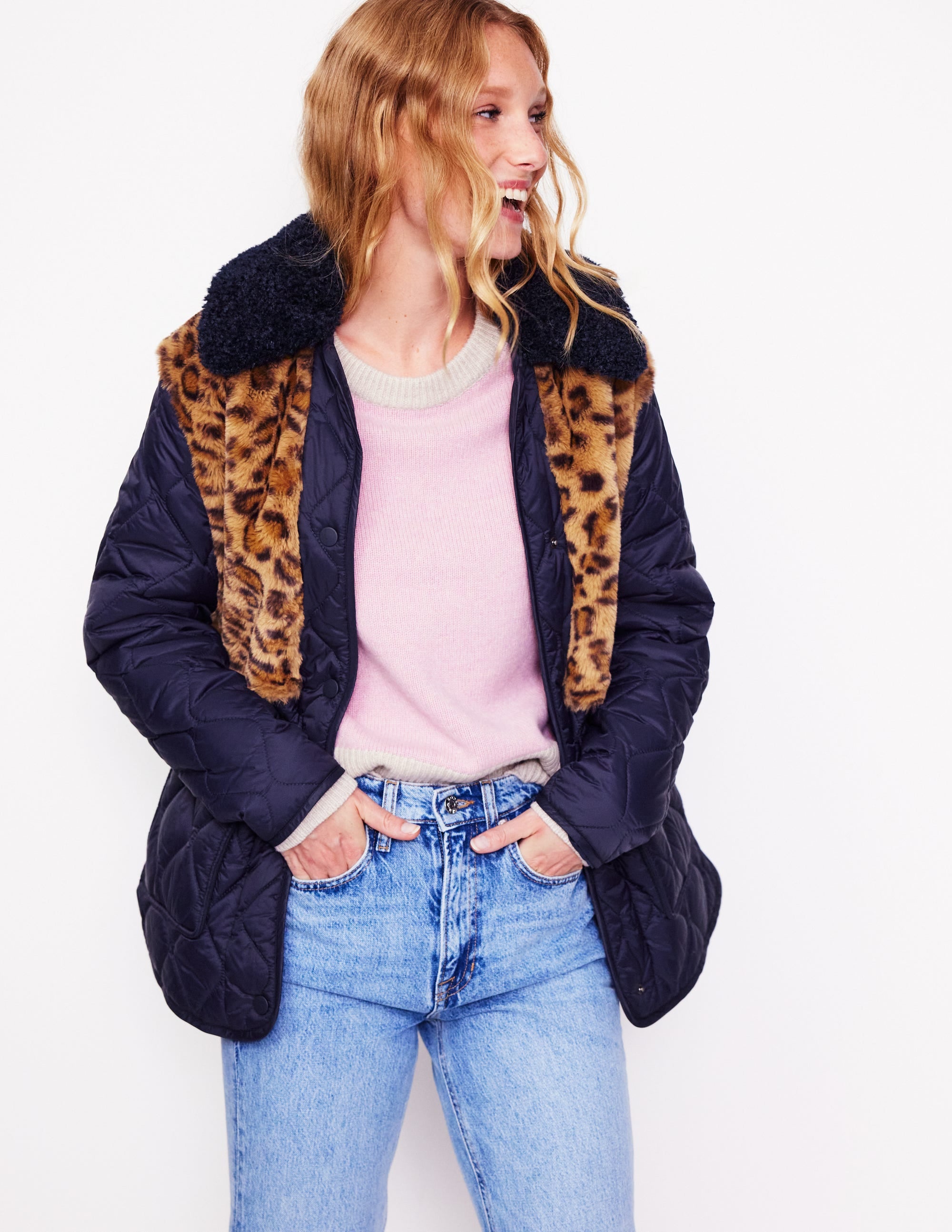 Chester Quilted Borg Coat-Navy, Leopard - Image 1