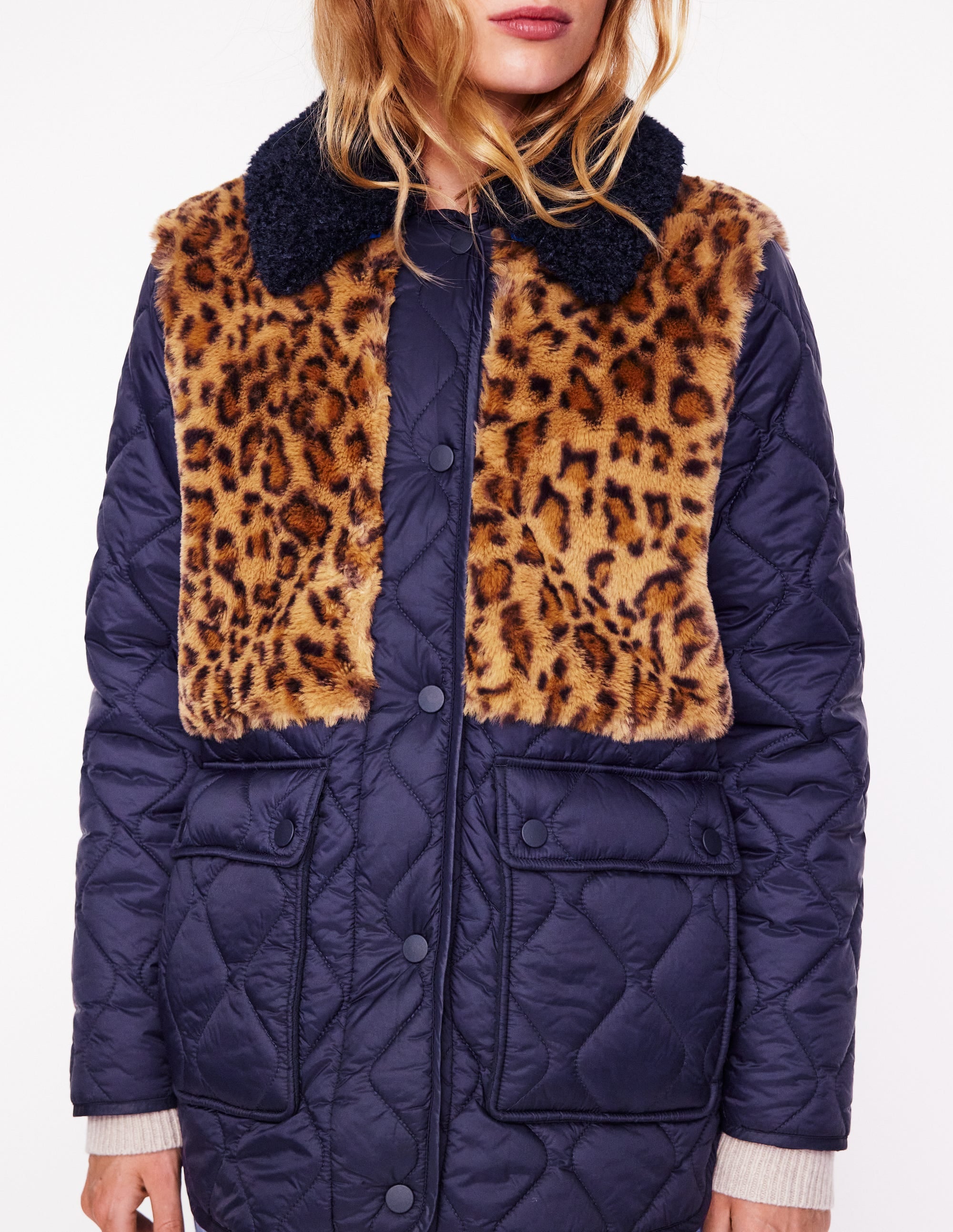 Chester Quilted Borg Coat-Navy, Leopard - Image 2