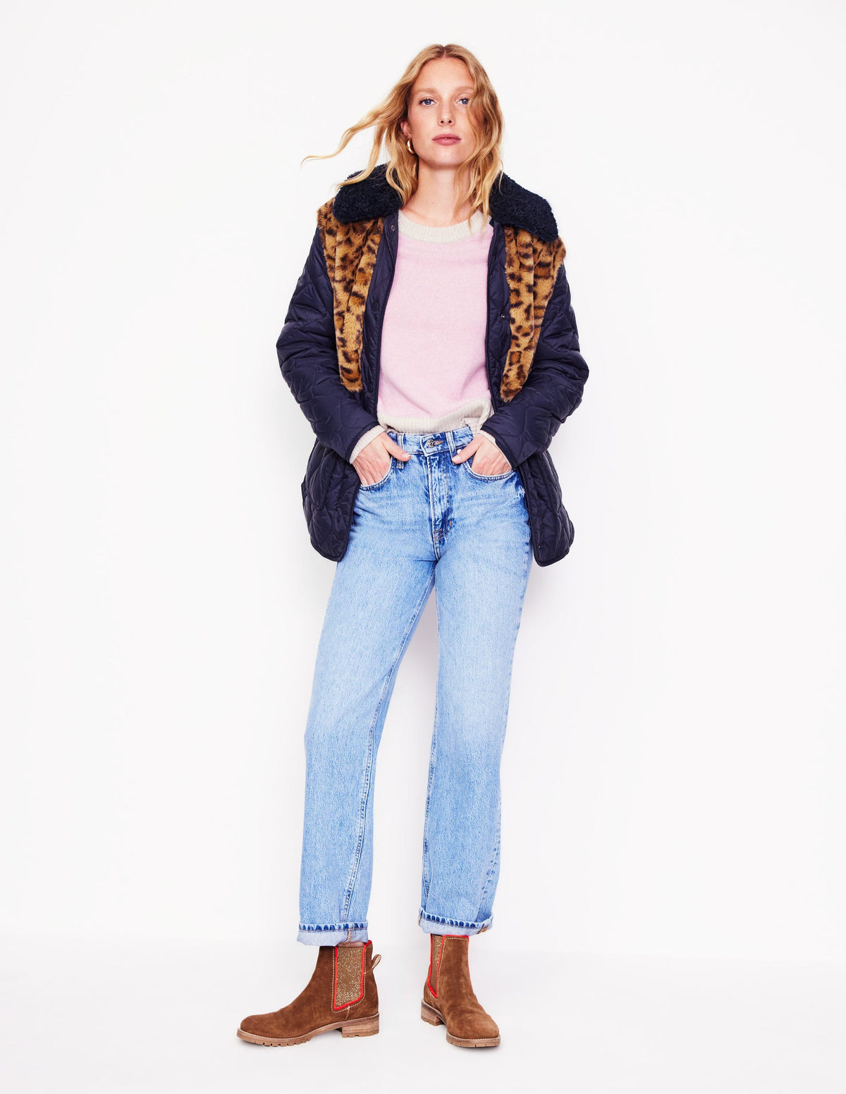 Chester Quilted Borg Coat-Navy, Leopard - Image 4