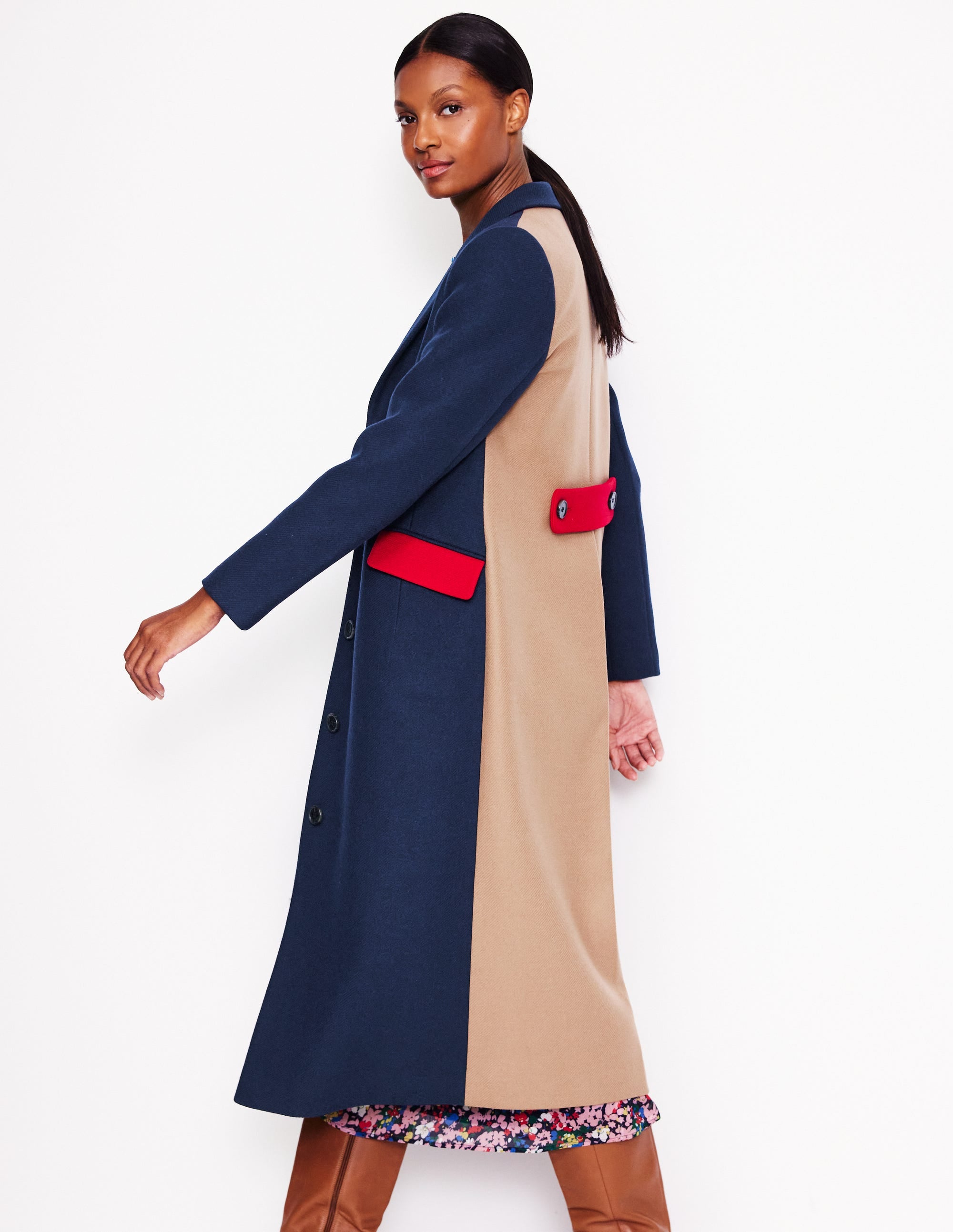 Colourblock Midi Coat-Navy, Multi - Image 1