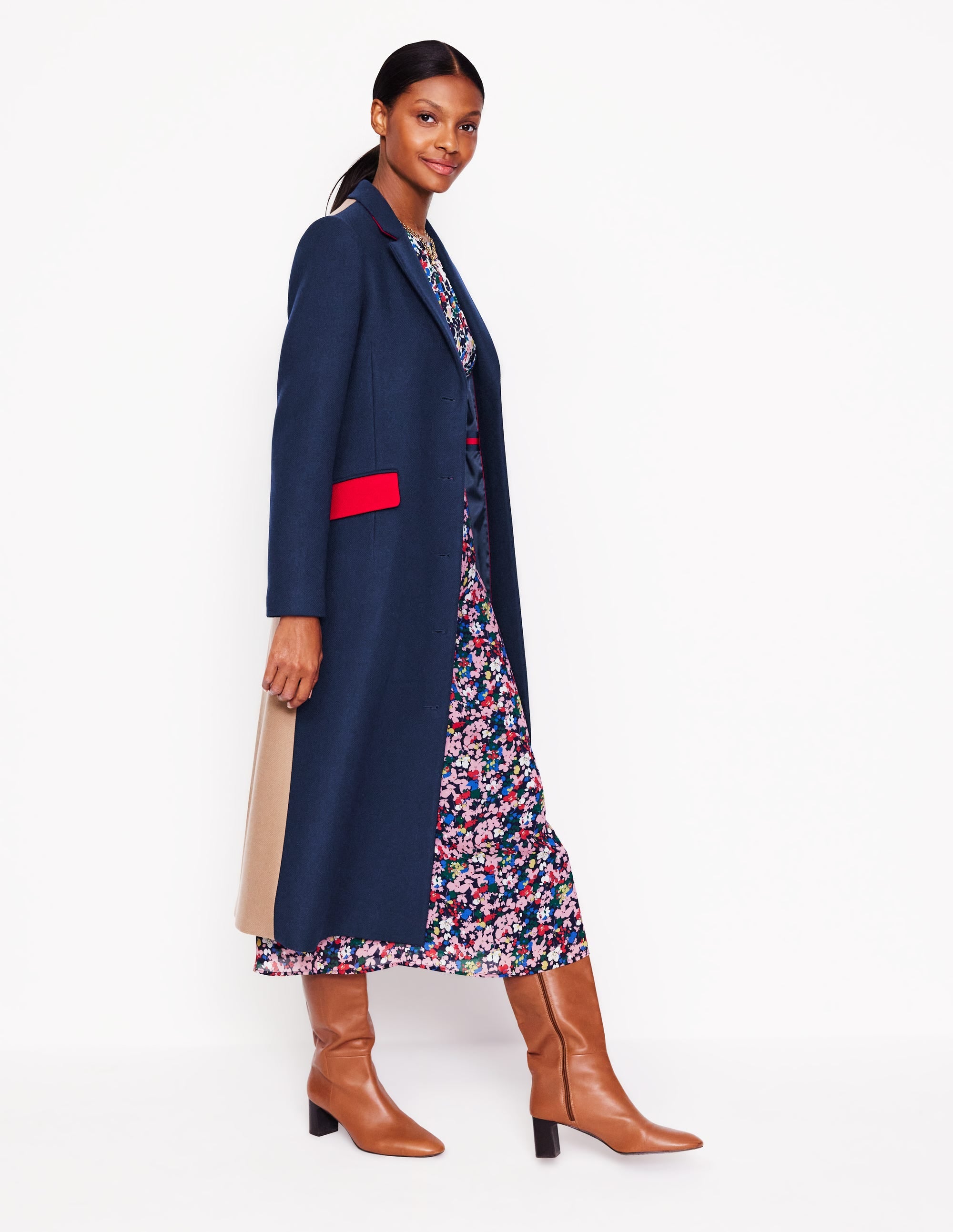 Colourblock Midi Coat-Navy, Multi - Image 2