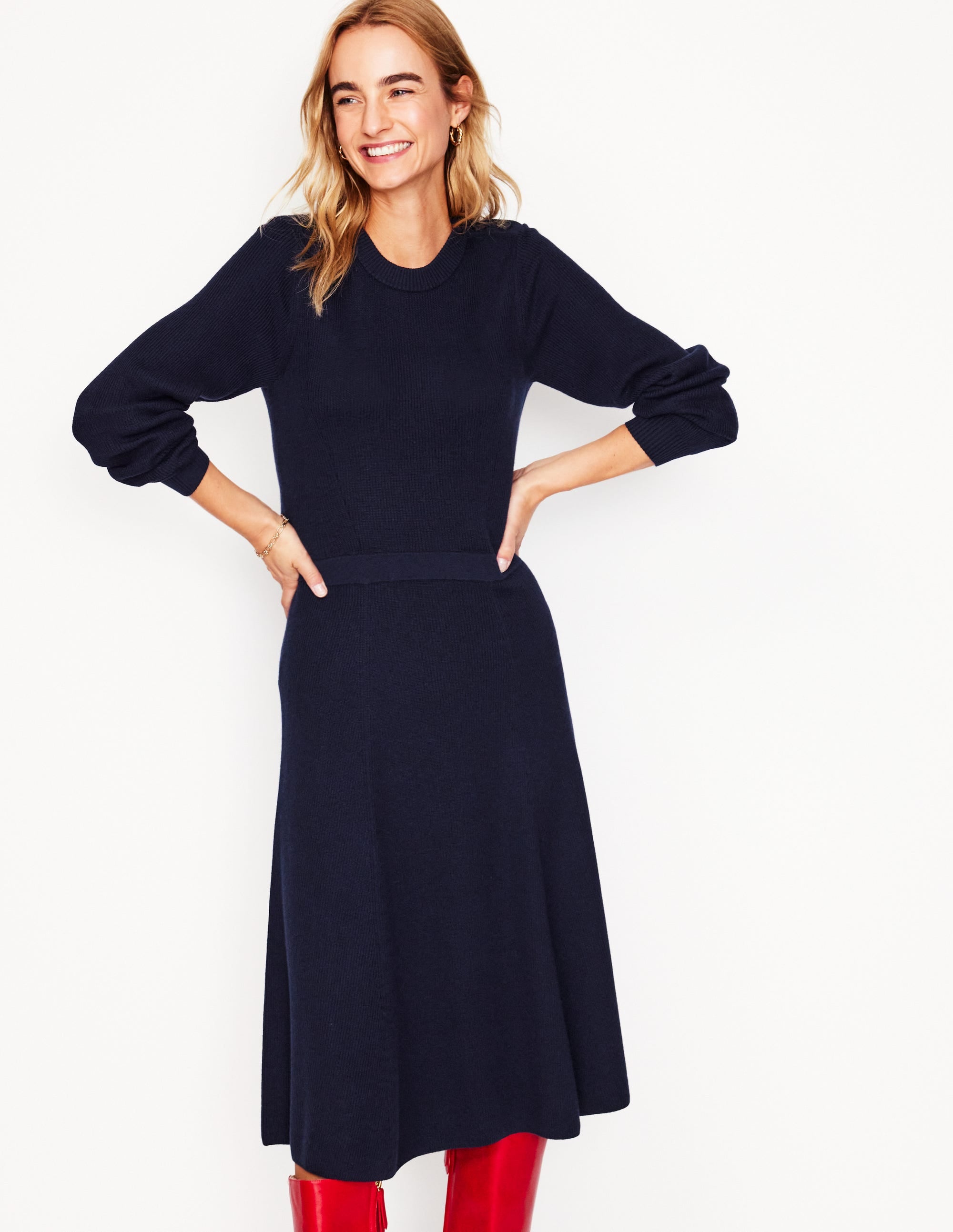 Strickkleid mit Knöpfen an der Schulter-Marineblau - Image 1