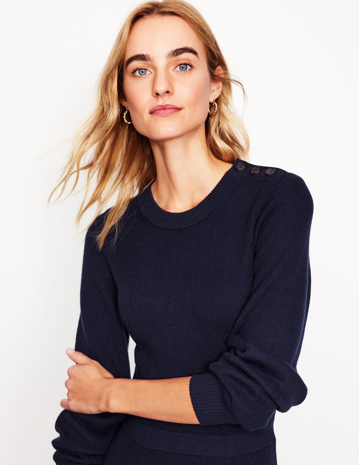 Strickkleid mit Knöpfen an der Schulter-Marineblau - Image 2