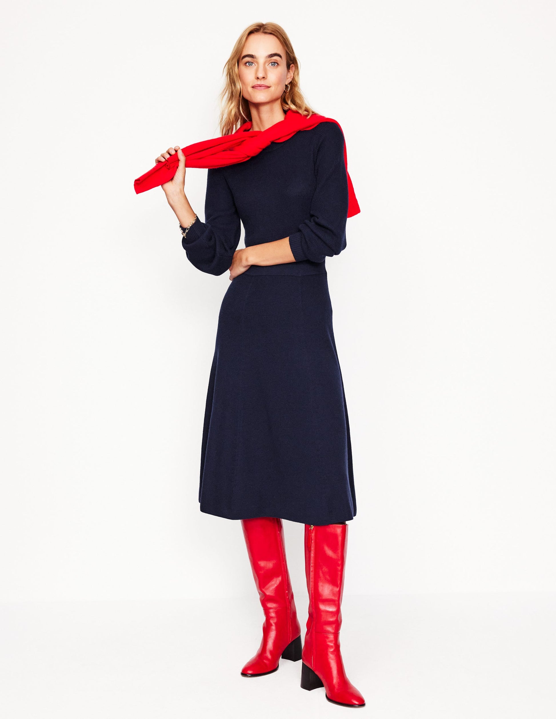 Strickkleid mit Knöpfen an der Schulter-Marineblau-4