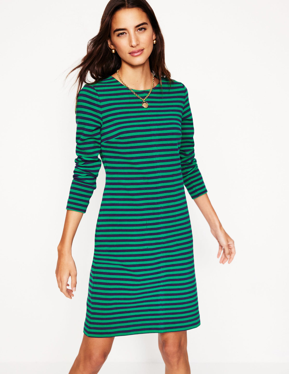 Cornelia Ottoman Dress-Rich Emerald, Navy Stripe - Image 1