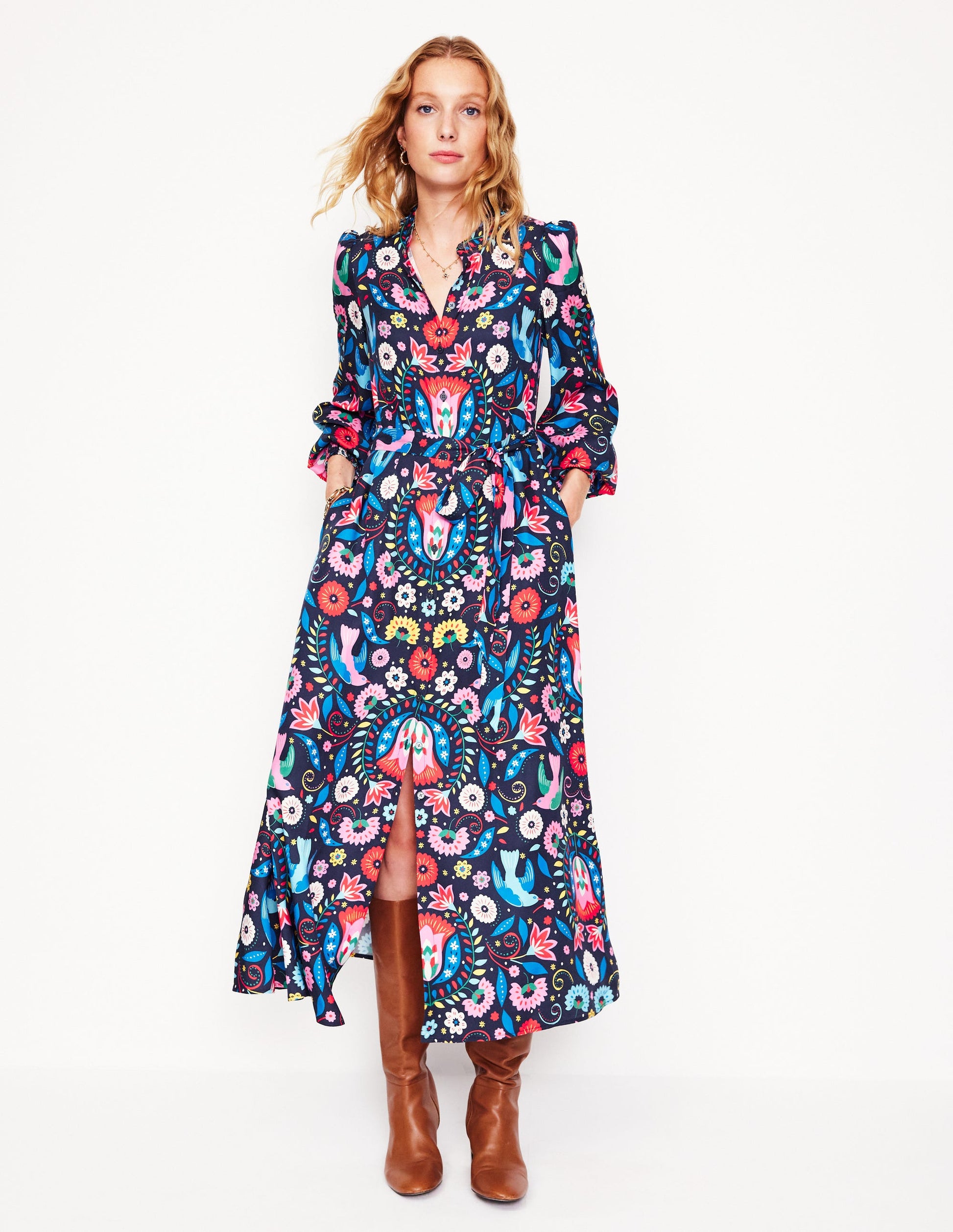 Ruby Collarless Shirt Dress-French Navy, Decorative Garden-3