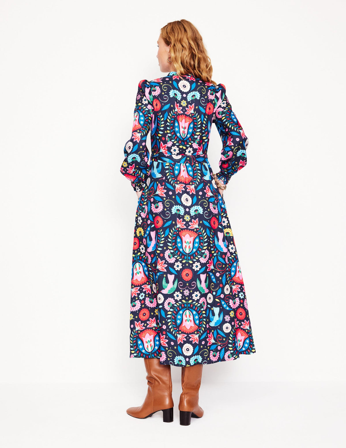 Ruby Collarless Shirt Dress-French Navy, Decorative Garden - Image 5