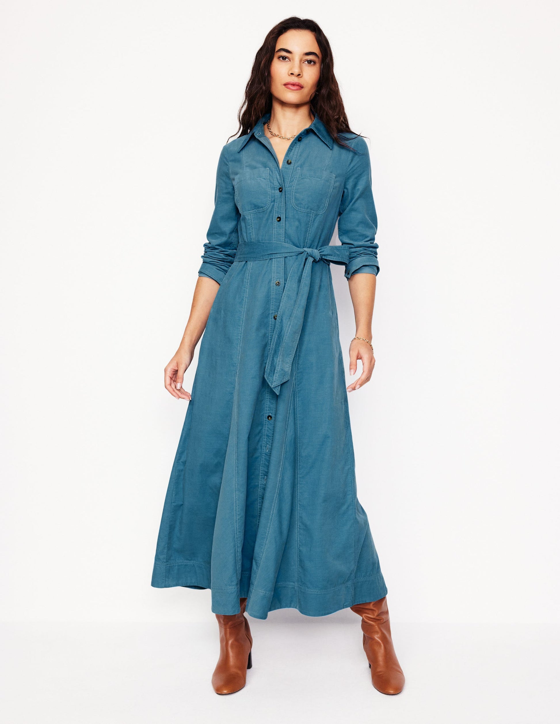 Robe-chemise midi Tess en velours côtelé-Bleu azur-2