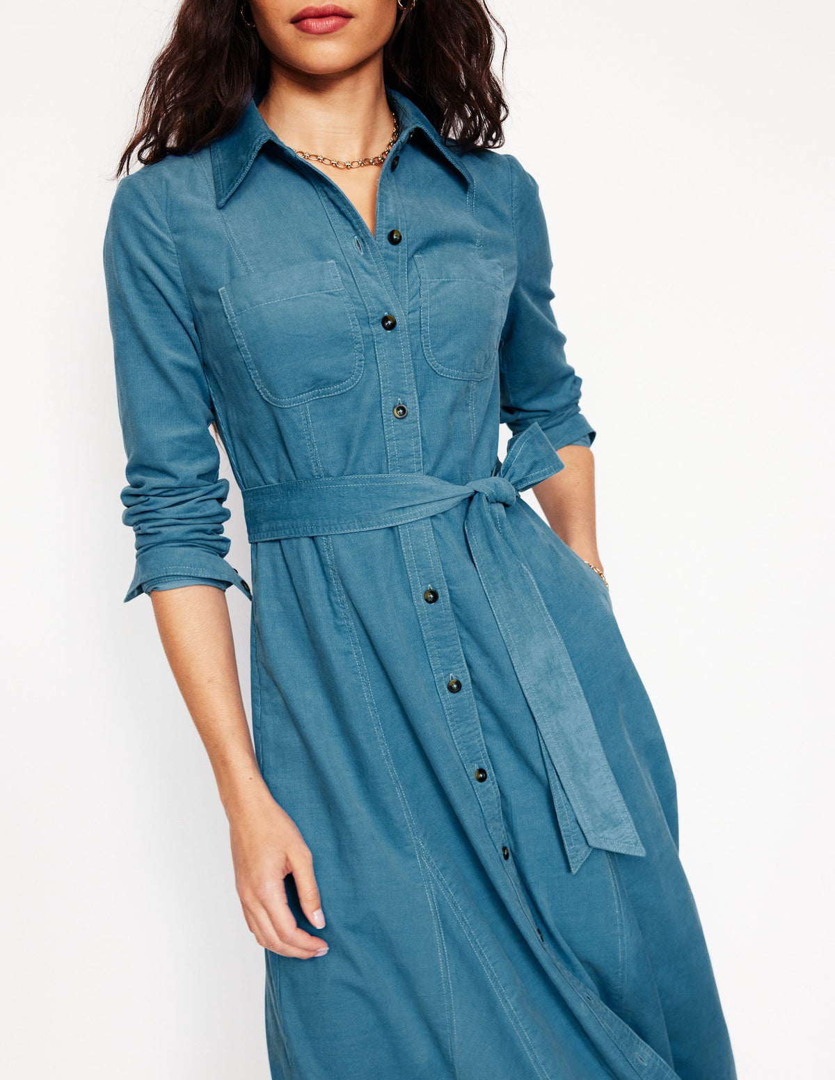 Robe-chemise midi Tess en velours côtelé-Bleu azur - Image 3