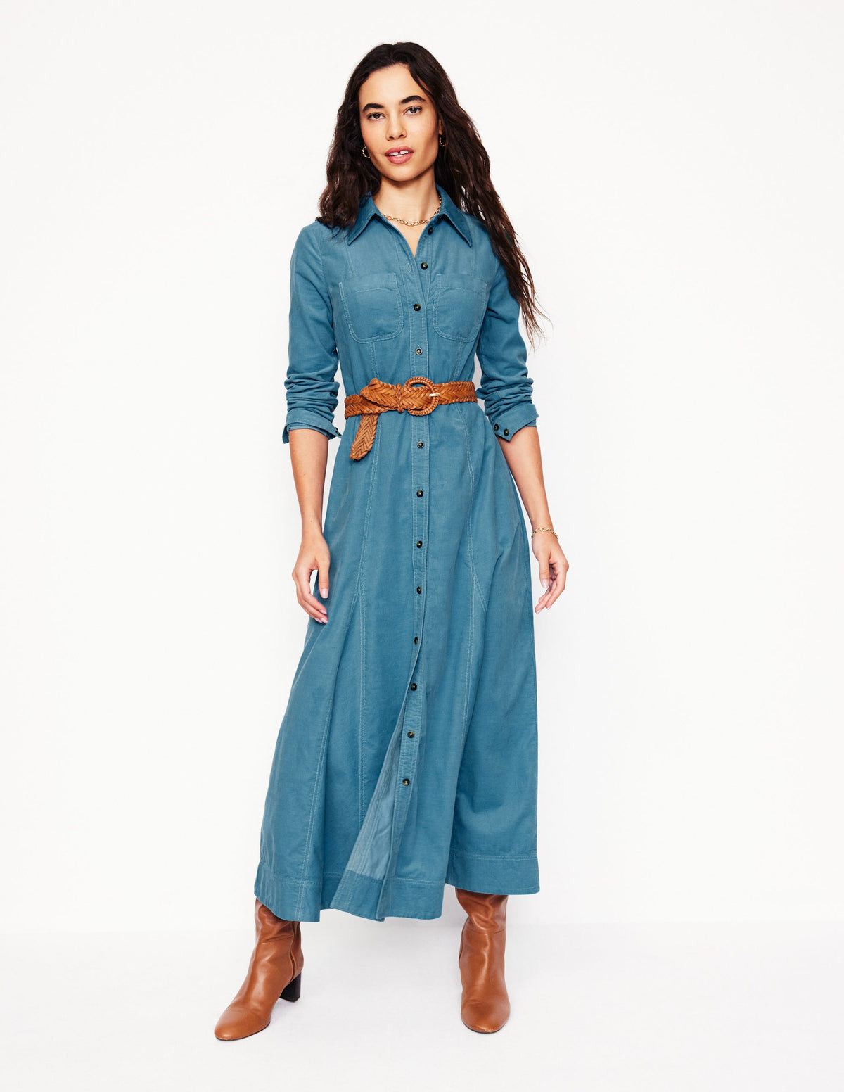Robe-chemise midi Tess en velours côtelé-Bleu azur - Image 5