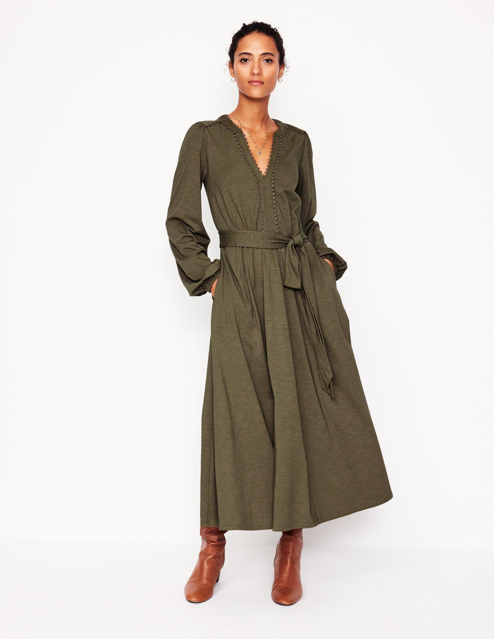 Maeve Jersey-Midikleid mit Besatz-Blasses Khaki-1