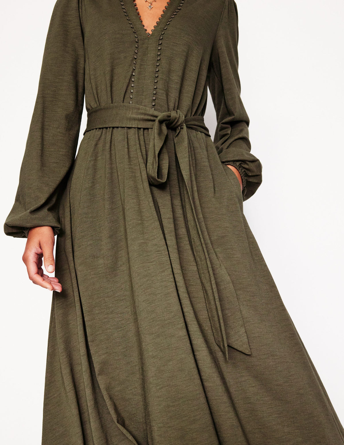 Maeve Jersey-Midikleid mit Besatz-Blasses Khaki - Image 2