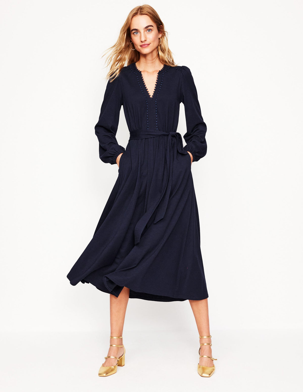 Robe midi Maeve en jersey-Bleu Marine, Petits Pois - Image 1