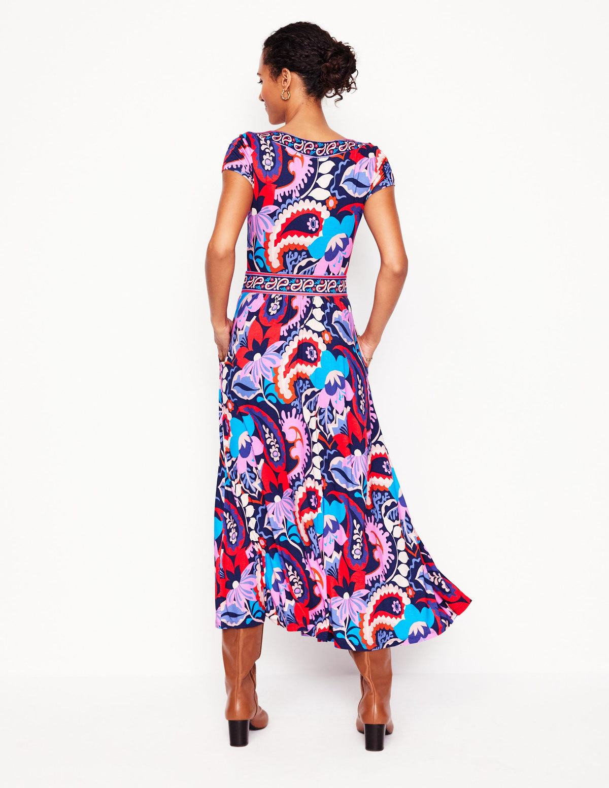 Melanie Jersey-Midikleid-Französisches Marineblau, botanisches Paisleymuster-3
