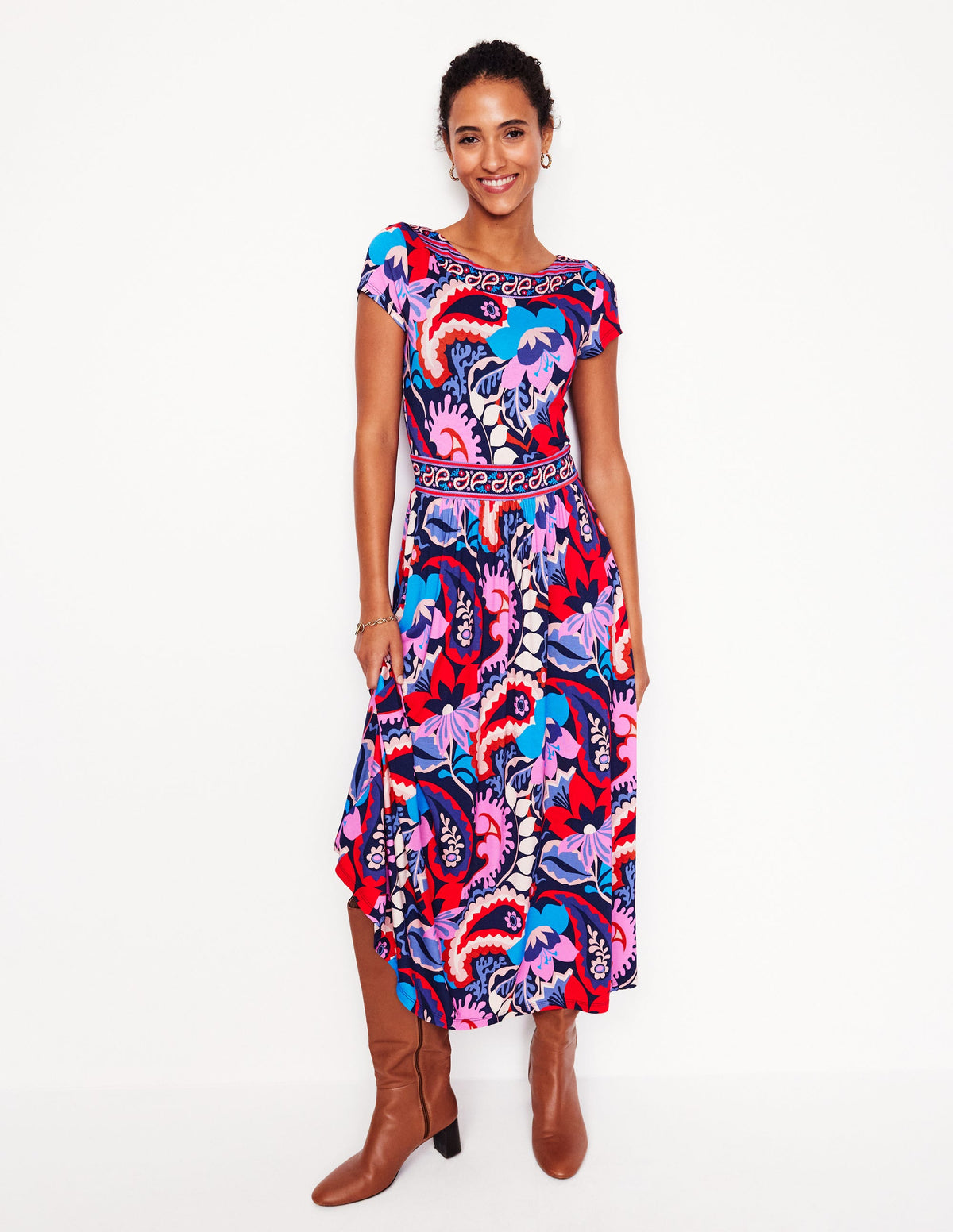Melanie Jersey-Midikleid-Französisches Marineblau, botanisches Paisleymuster-4