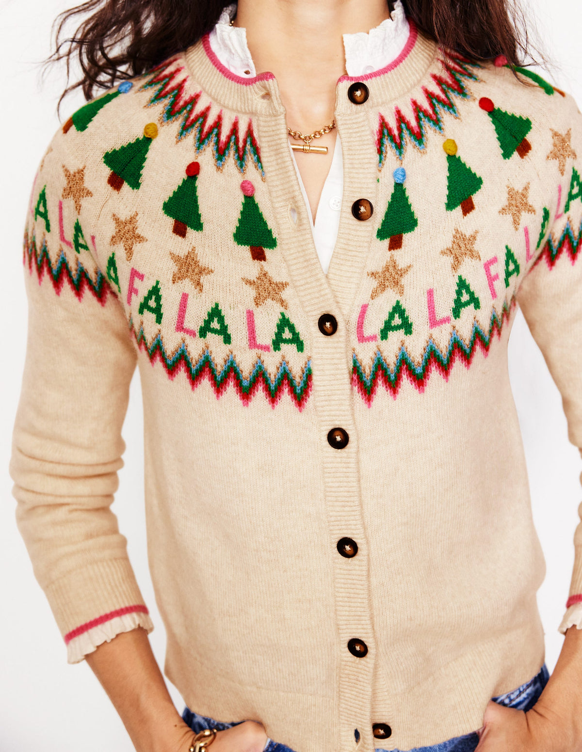 Edie Fair-Isle-Strickjacke-Beige Meliert, Fa La La-2