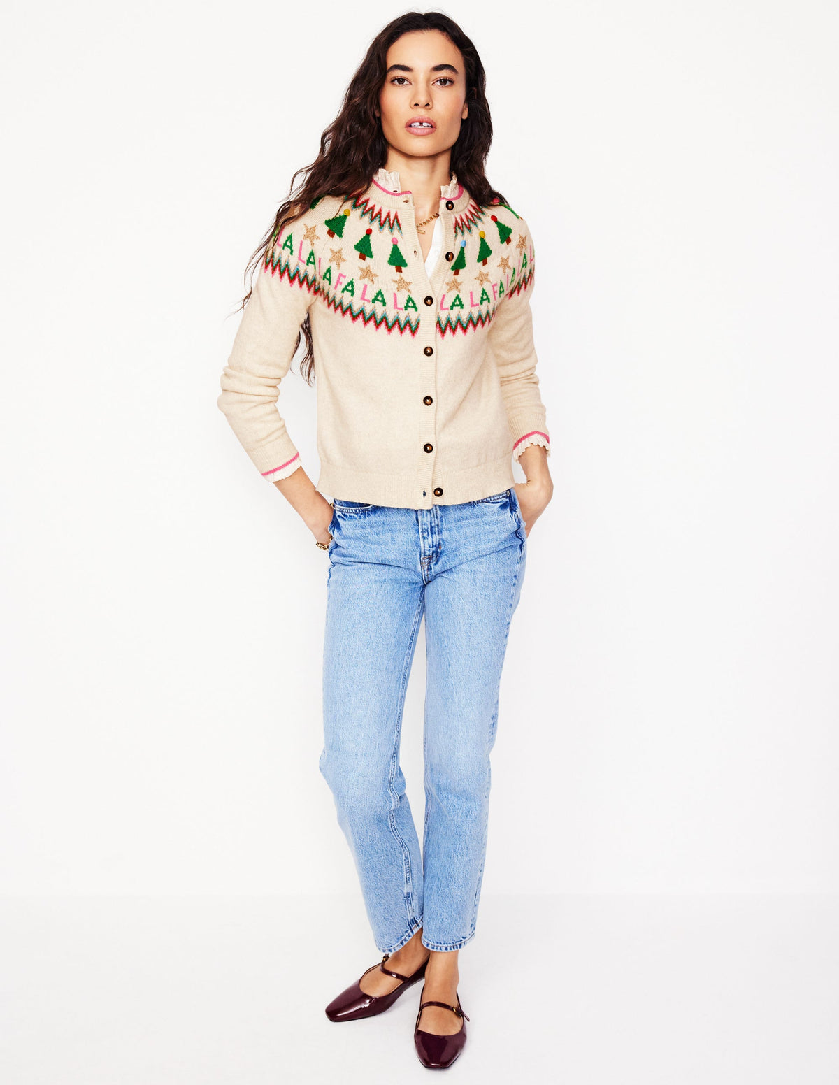 Edie Fair-Isle-Strickjacke-Beige Meliert, Fa La La-4
