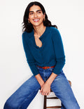 Eva Kaschmir-Strickjacke mit Rundhalsausschnitt-Hafenblau