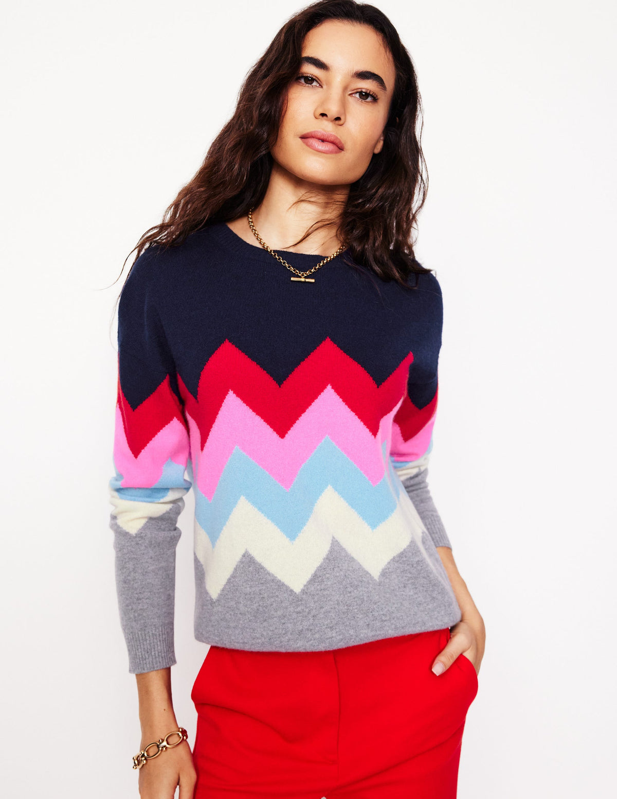 Lydia Cashmere Jumper-Navy, Zig Zag-1