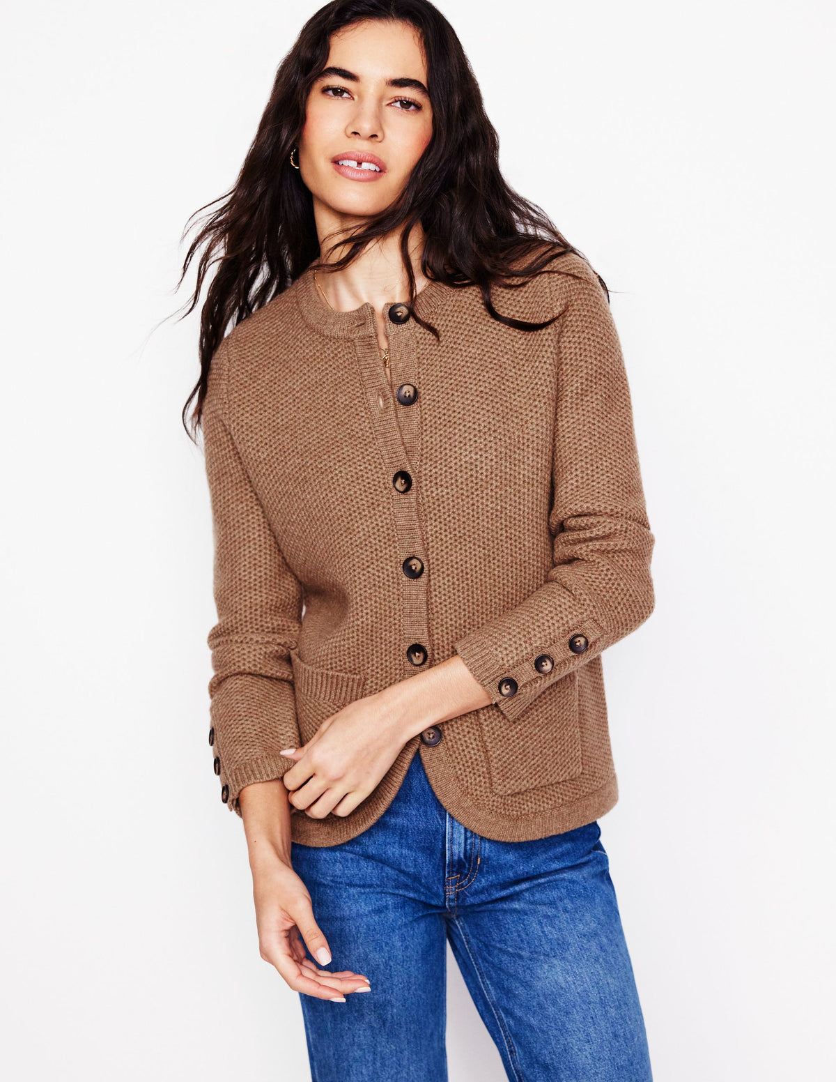 Texturierte Strickjacke mit Ziernaht-Pralinenbraun-1