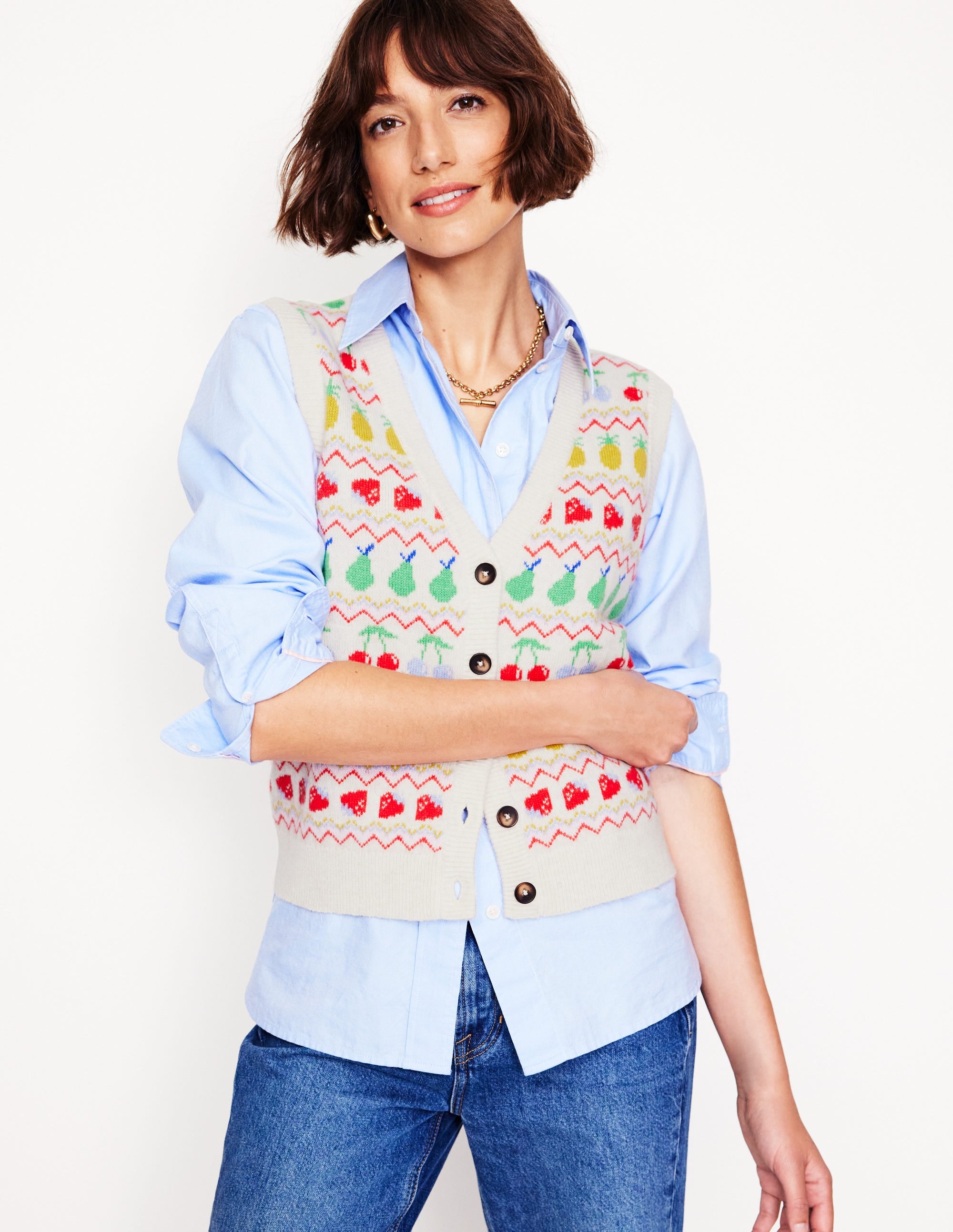 Edie Fair-Isle-Weste-Beige Meliert, Obst - Image 1