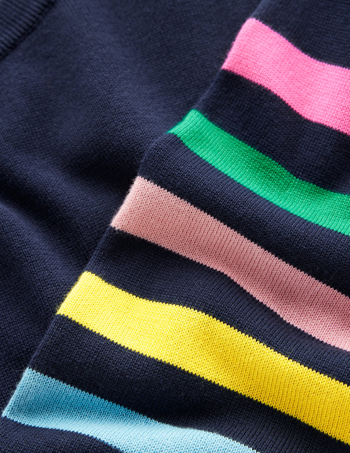 Lara Lockerer Baumwollpullover-Marineblau Regenbogenstreifen an den Ärmeln-7