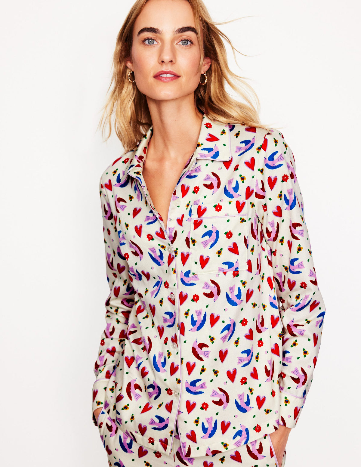 Cotton Sateen Pyjama Shirt-Ivory, Heart Flutter-1