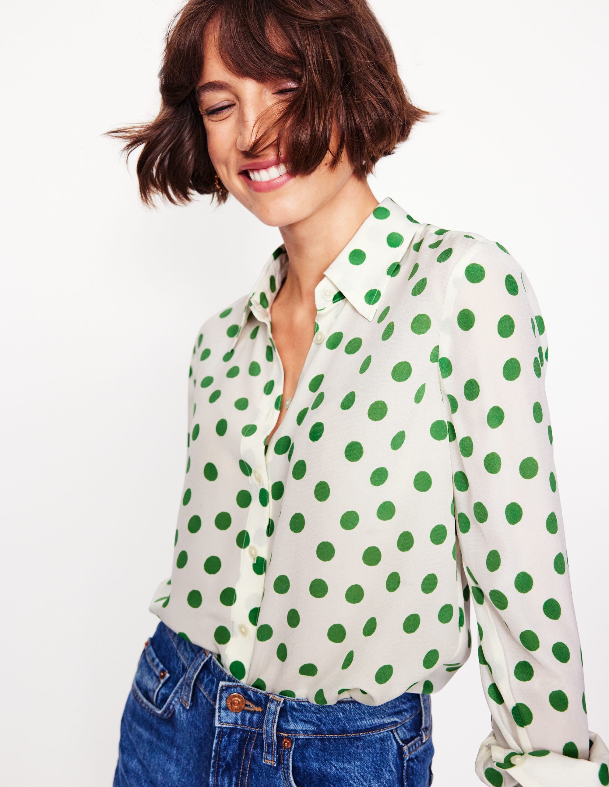 Sienna Silk Shirt-Ivory, Green Abstract Dot - Image 1