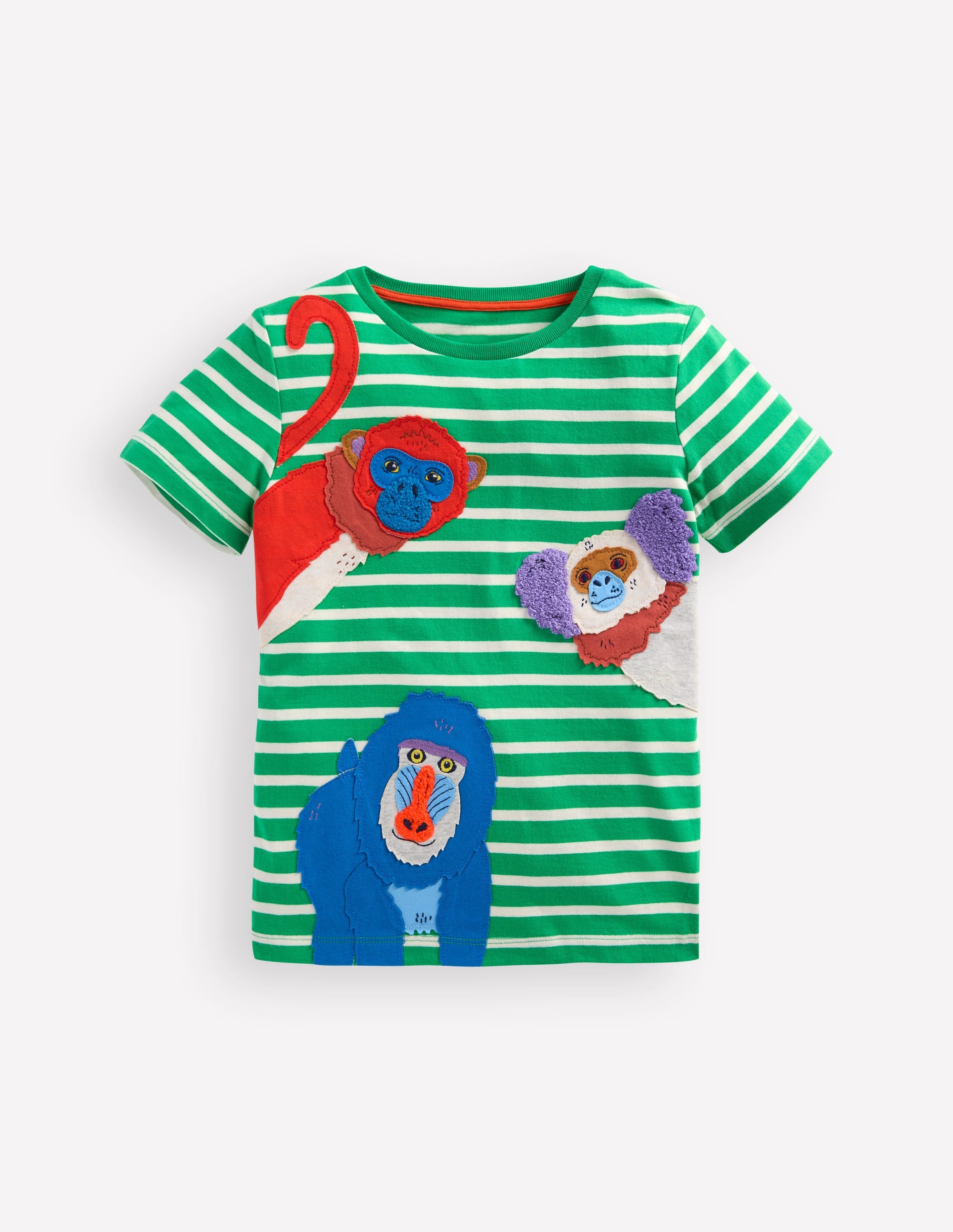 T-shirt manches courtes à appliqué-Singes rayé vert vif - Image 1