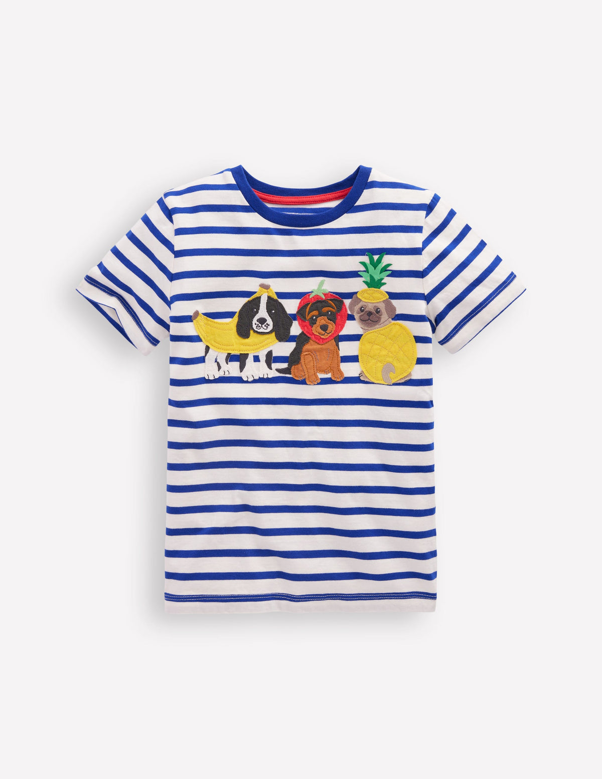 Short Sleeve Appliqué T-shirt-Bright Blue Stripe Fruit Dogs - Image 1